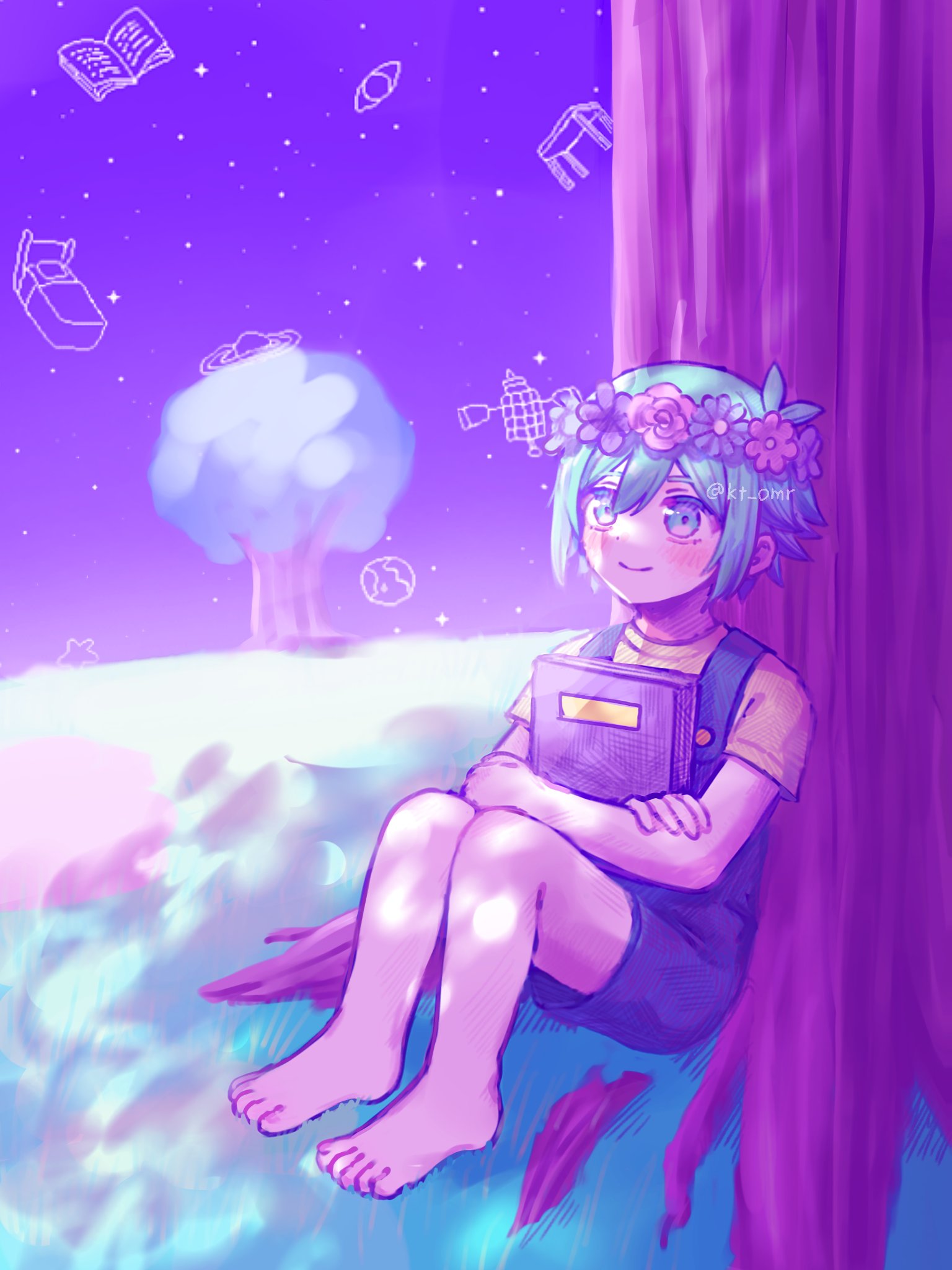 kato (momota rosan), basil (headspace) (omori), basil (omori), omori, highres, 1boy, antenna hair, barefoot, blue overalls, blush, book, closed mouth, colored skin, crossed arms, double-parted bangs, flower wreath, full body, green eyes, green hair, hair between eyes, head wreath, holding, holding book, knees up, outdoors, overall shorts, overalls, purple sky, shirt, short sleeves, sidelocks, sitting, sky, smile, solo, t-shirt, tree, white skin, yellow shirt
