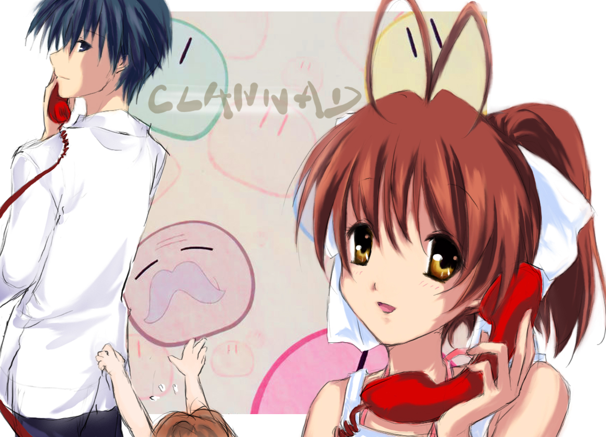 strib und werde, elder dango, furukawa nagisa, okazaki tomoya, okazaki ushio, clannad, dango daikazoku, bad id, bad pixiv id, 00s, antenna hair, blue eyes, blue hair, brown eyes, brown hair, corded phone, dango, food, phone, ponytail, short hair, wagashi