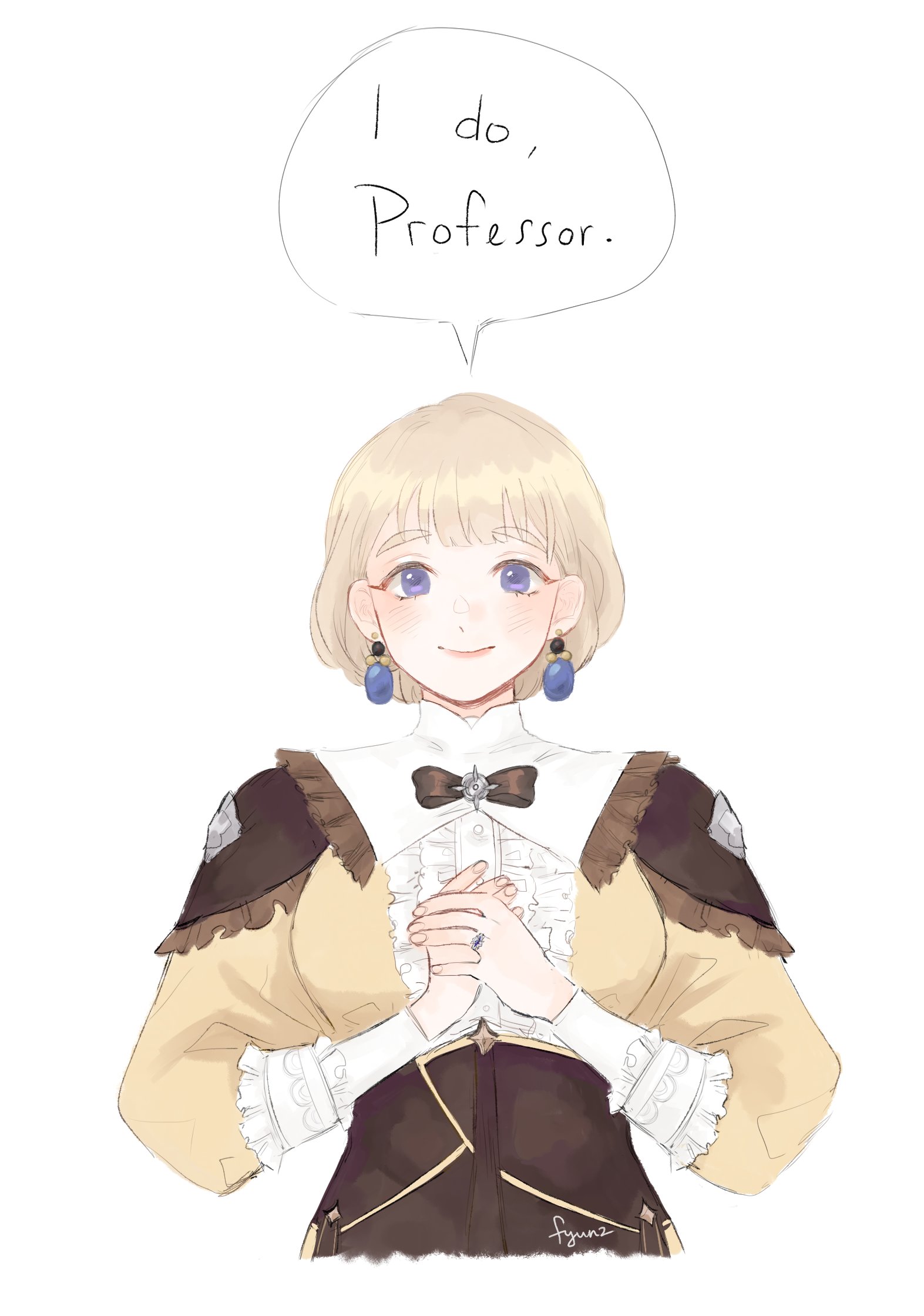 mercedes von martritz, mercedes von martritz (timeskip), fire emblem, fire emblem: three houses, nintendo, commission, highres, 1girl, blonde hair, blue eyes, breasts, earrings, english text, jewelry, long sleeves, looking at viewer, medium breasts, short hair, solo, upper body, yun (fyunz)