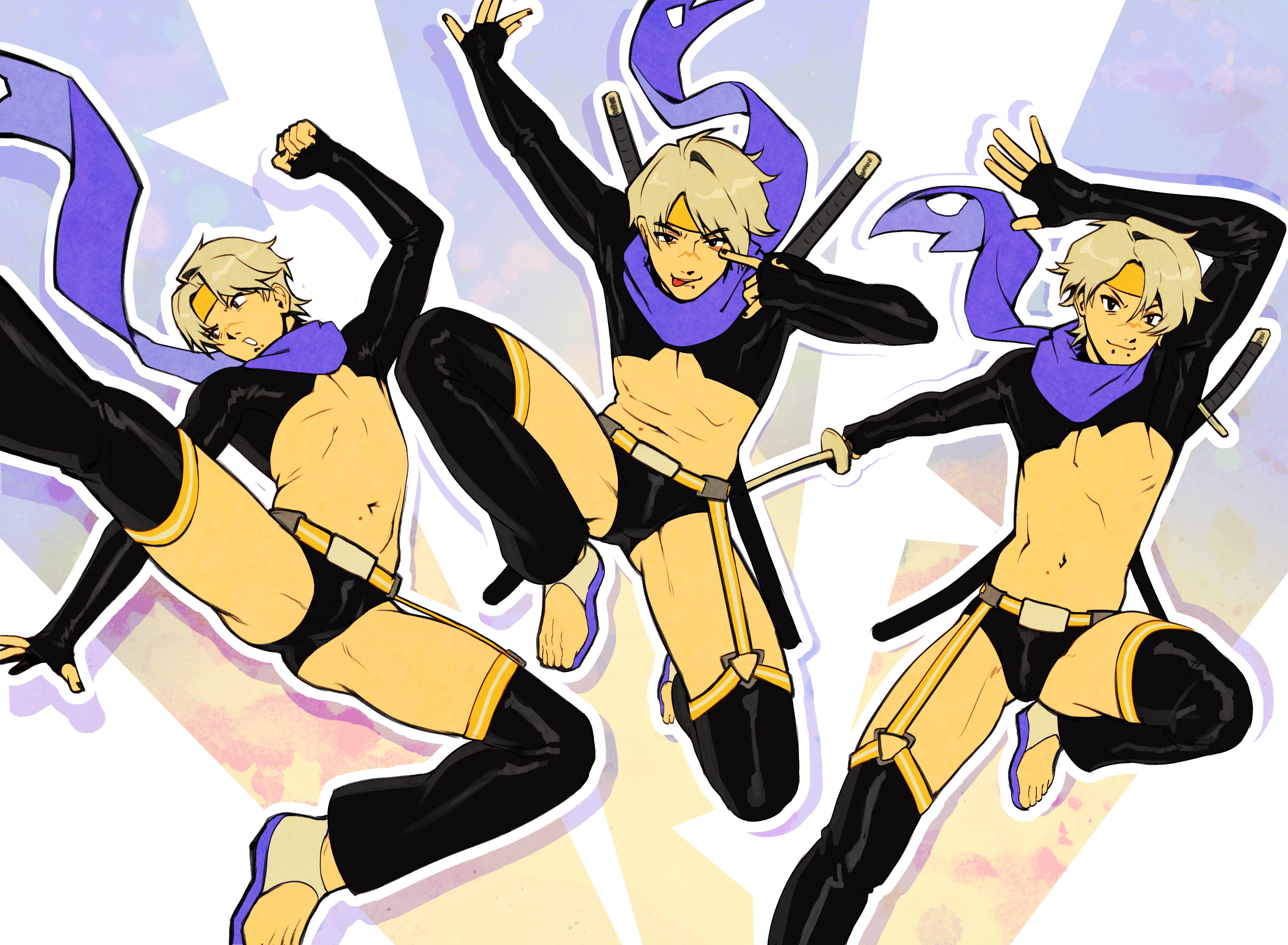 nifast (greentail), original, absurdres, highres, 1boy, awesome (nifast (greentail)), belt, black shrug, fingerless gloves, full body, gloves, headband, katana, looking at viewer, male focus, male swimwear, mole, mole on stomach, navel, open-toe shoes, purple scarf, scarf, short hair, shrug (clothing), smile, snakebite (piercing), spread legs, swim briefs, sword, thighhighs, toes, underpec, weapon, yellow headband