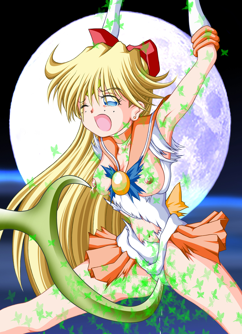 ryusaiku, aino minako, sailor venus, bishoujo senshi sailor moon, 1990s (style), 1girl, blonde hair, blue eyes, breasts, bug, butterfly, moon, nipples, solo focus, torn clothes, wince
