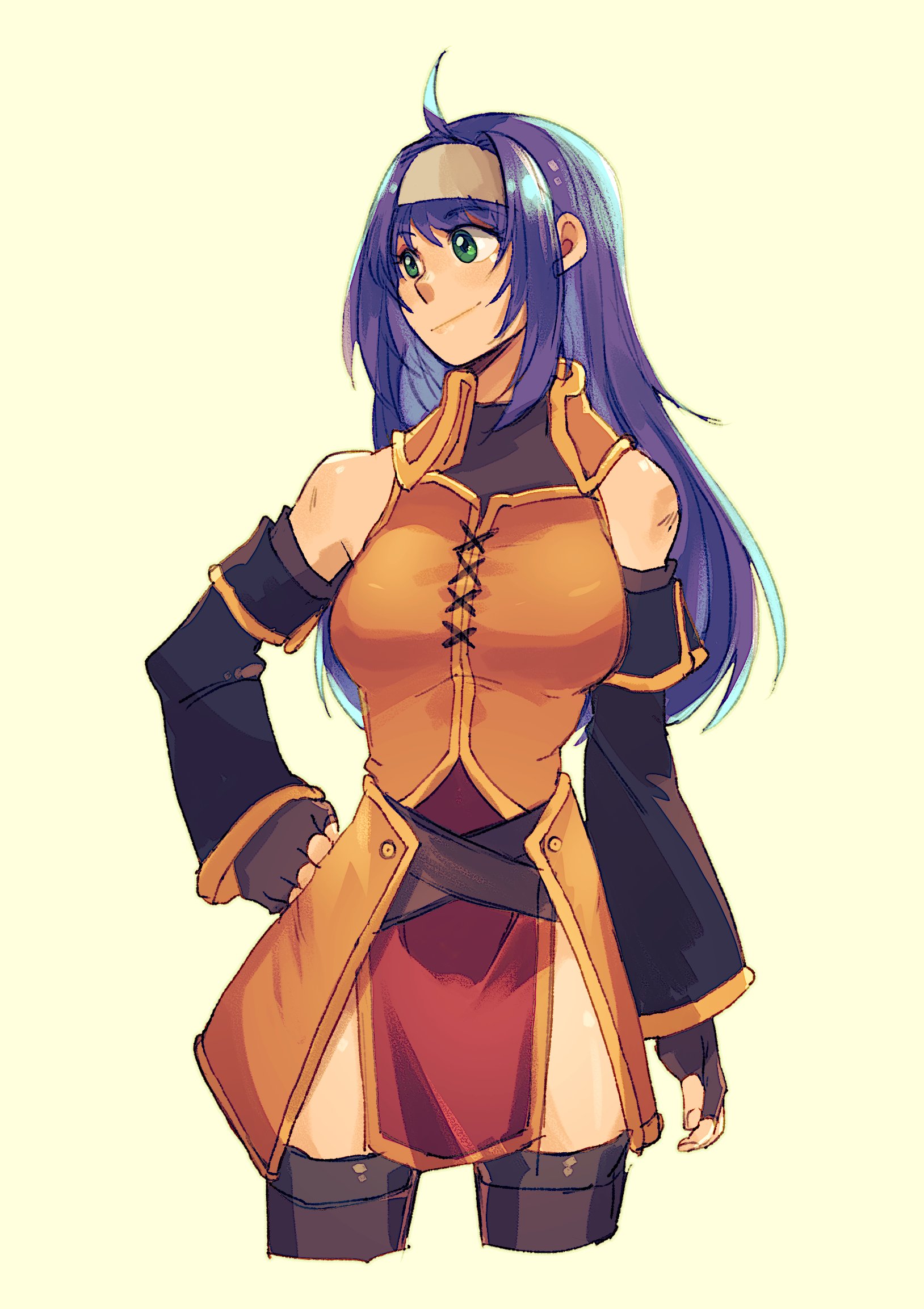 mia (fire emblem), fire emblem, fire emblem: path of radiance, fire emblem: radiant dawn, nintendo, commentary, english commentary, highres, 1girl, ahoge, bare shoulders, breasts, detached sleeves, fingerless gloves, gloves, green eyes, hairband, long hair, looking to the side, medium breasts, purple hair, sagedcharm, solo, standing, thighhighs, thighs, white hairband