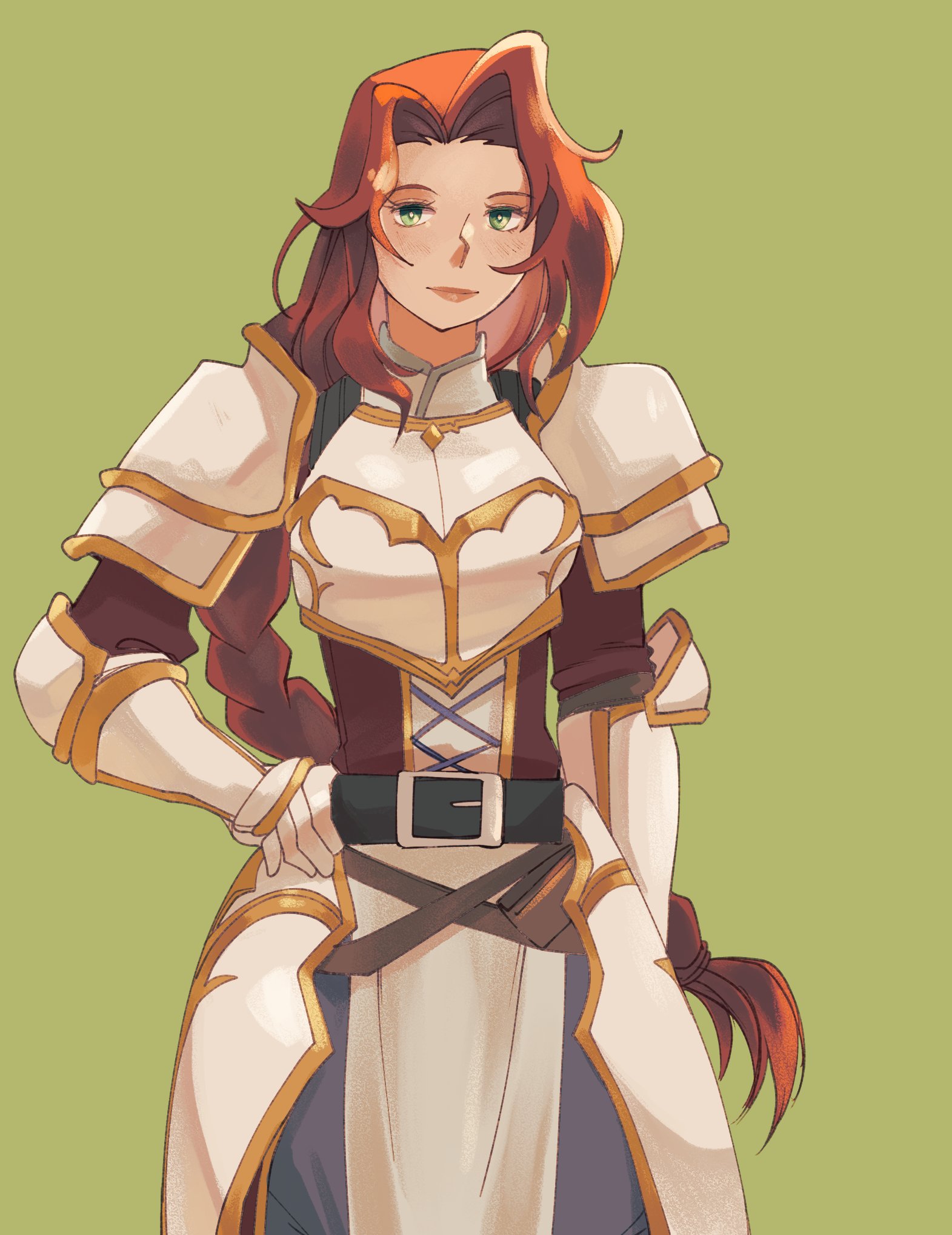 titania (fire emblem), fire emblem, fire emblem: path of radiance, fire emblem: radiant dawn, nintendo, highres, 1girl, armor, braid, breastplate, breasts, green eyes, long hair, looking at viewer, medium breasts, red hair, sagedcharm, smile, solo, white armor
