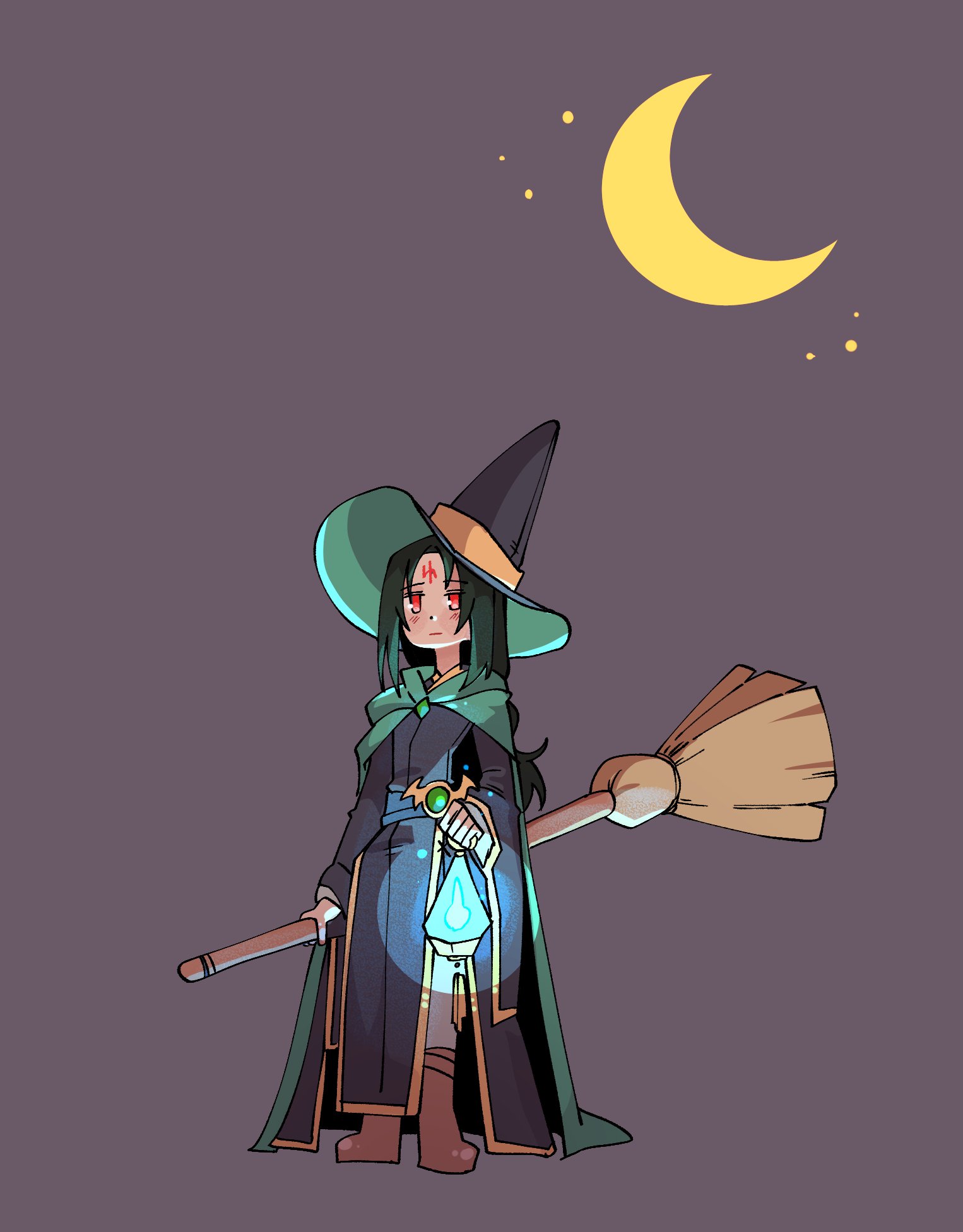 soren (fire emblem), fire emblem, fire emblem: radiant dawn, nintendo, highres, 1boy, black hair, broom, crescent moon, facial mark, forehead mark, hat, lantern, long hair, male focus, moon, red eyes, sagedcharm, witch hat