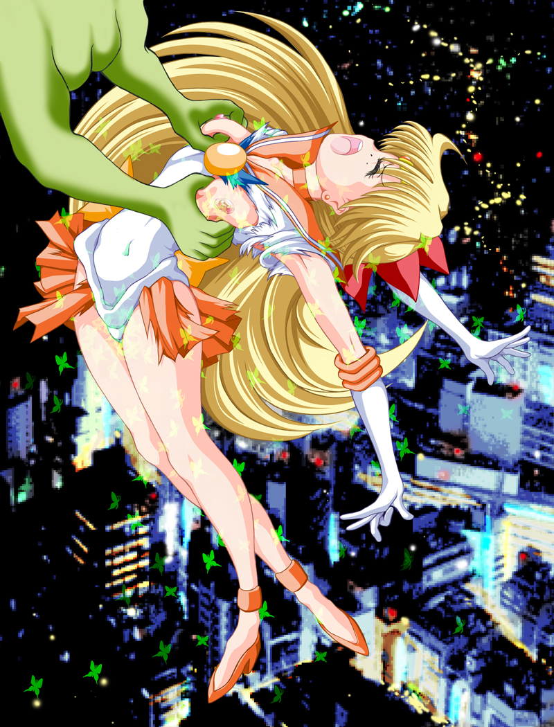ryusaiku, aino minako, sailor venus, bishoujo senshi sailor moon, 1990s (style), blonde hair, breasts, bug, butterfly, choker, elbow gloves, gloves, grabbing another's breast, groping, insect, nipples, retro artstyle, solo focus, torn clothes