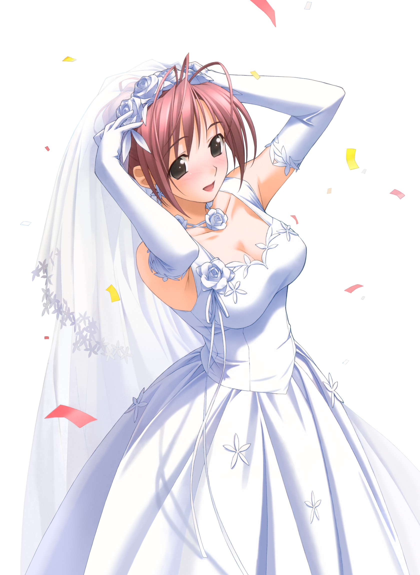 hashimoto takashi, highres, 1girl, antenna hair, blush, breasts, bridal veil, bride, cleavage, confetti, dress, elbow gloves, female focus, gloves, gown, red hair, solo, veil, wedding dress