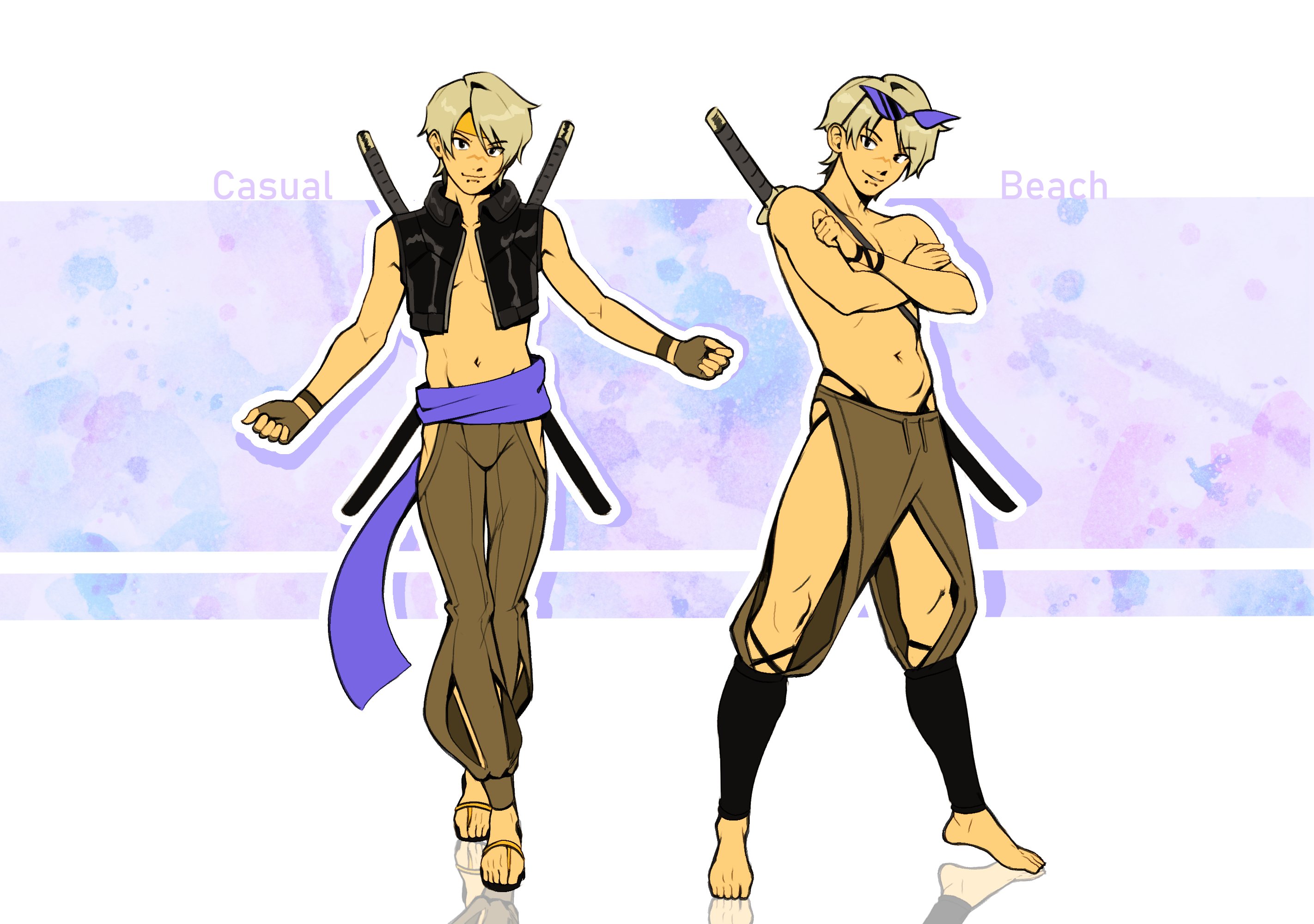 nifast (greentail), original, highres, 1boy, awesome (nifast (greentail)), barefoot, fingerless gloves, full body, gloves, katana, latex, looking at viewer, male focus, navel, short hair, smile, snakebite (piercing), standing, sword, toes, weapon