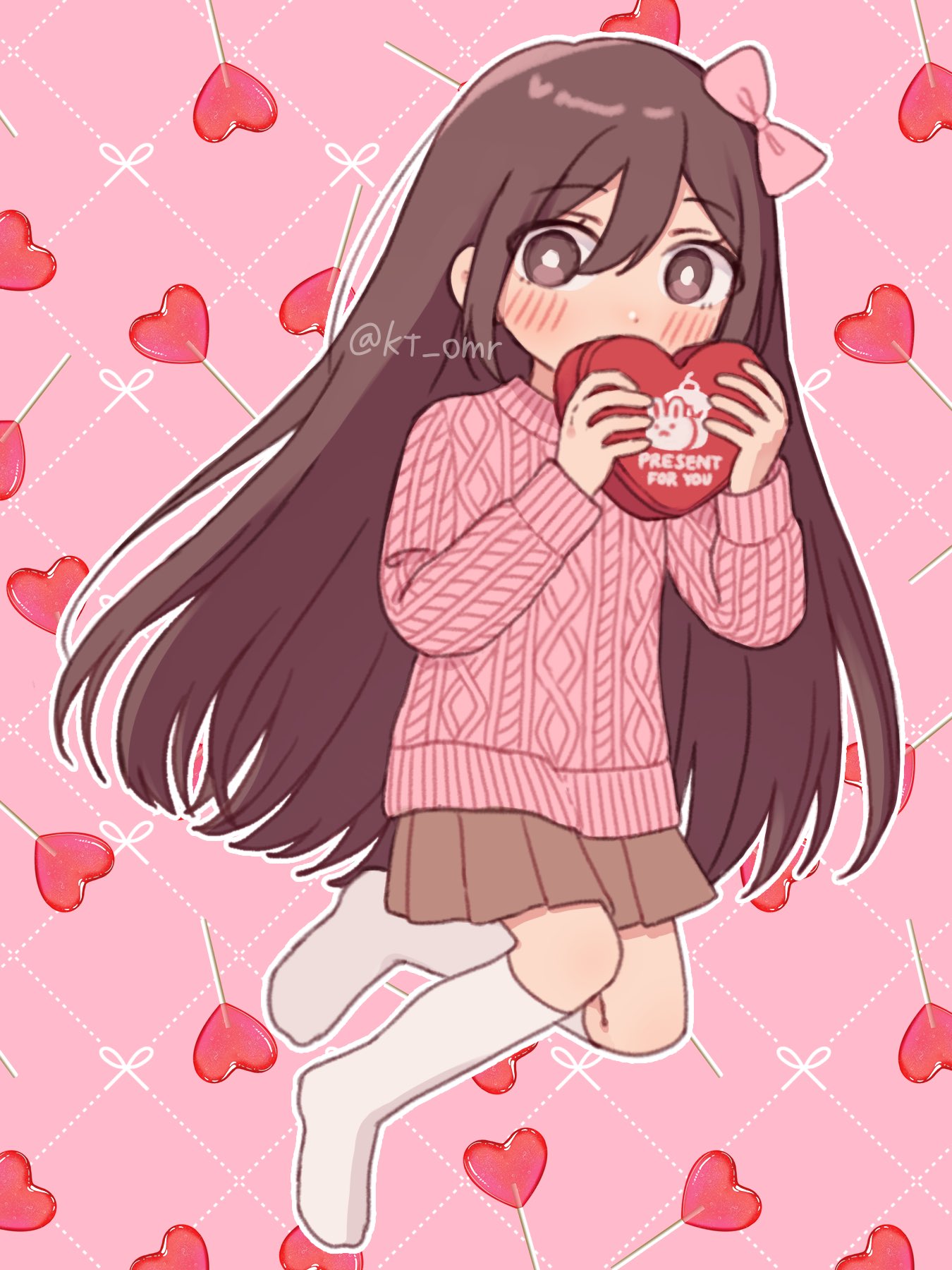 kato (momota rosan), aubrey (faraway) (omori), aubrey (omori), cupcake bunny (omori), omori, highres, 1girl, aged down, alternate costume, black eyes, black hair, blush, bow, box, bright pupils, brown skirt, closed mouth, double-parted bangs, full body, gift, hair between eyes, hair bow, heart-shaped box, holding, holding gift, kneehighs, long hair, pink bow, pink sweater, pleated skirt, skirt, socks, solo, sweater, twitter username, white pupils, white socks