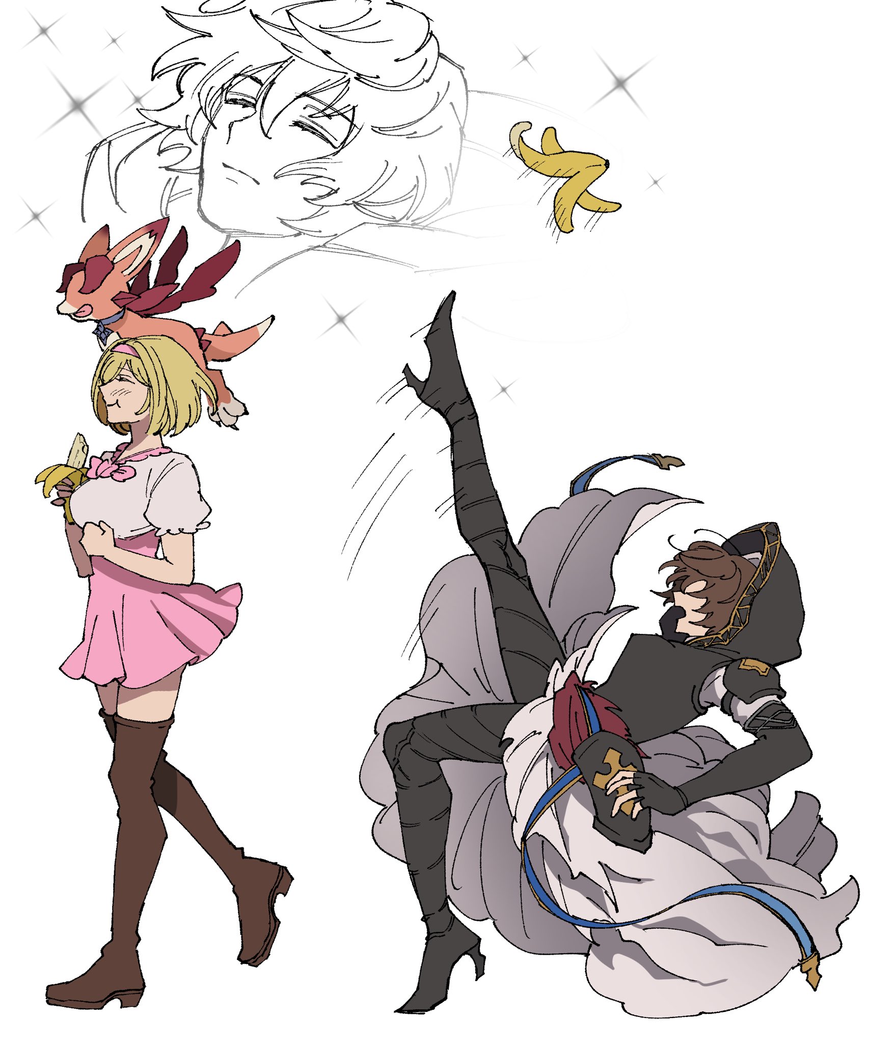 onetouch0407, djeeta (granblue fantasy), sandalphon (granblue fantasy), vyrn (granblue fantasy), granblue fantasy, highres, 1girl, 2boys, banana, banana peel, blonde hair, boots, brown hair, closed eyes, dress, food, fruit, high heel boots, high heels, multiple boys, short hair, simple background, slipping, slipping on banana peel, smile, sparkle, sundress, white background