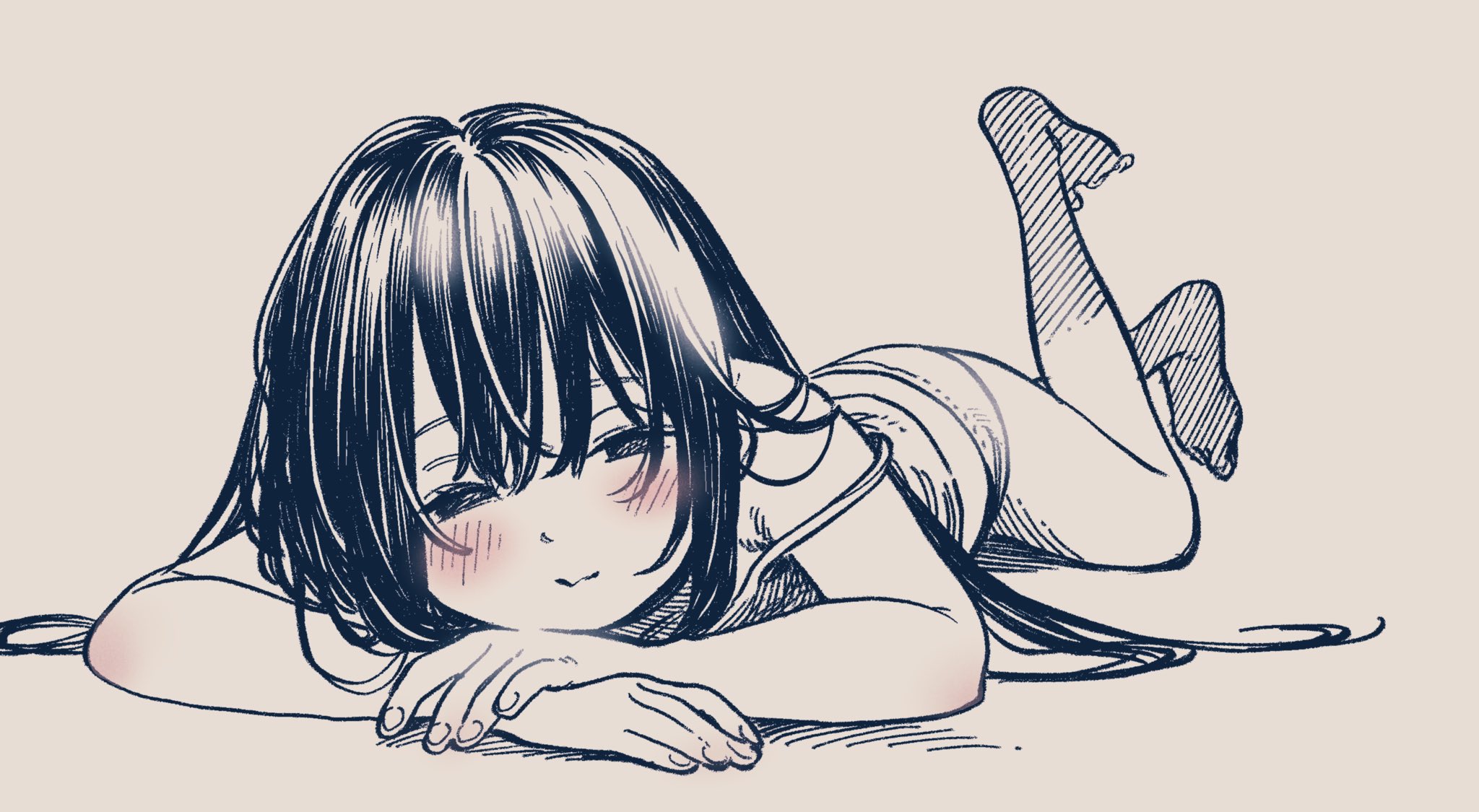 hantsuki (ichigonichiya), original, highres, 1girl, barefoot, blush, closed mouth, foreshortening, full body, greyscale, hair between eyes, hair spread out, long bangs, long hair, looking at viewer, lying, monochrome, no pants, on stomach, panties, shirt, simple background, sleeveless, sleeveless shirt, solo, spot color, strap slip, underwear, white background