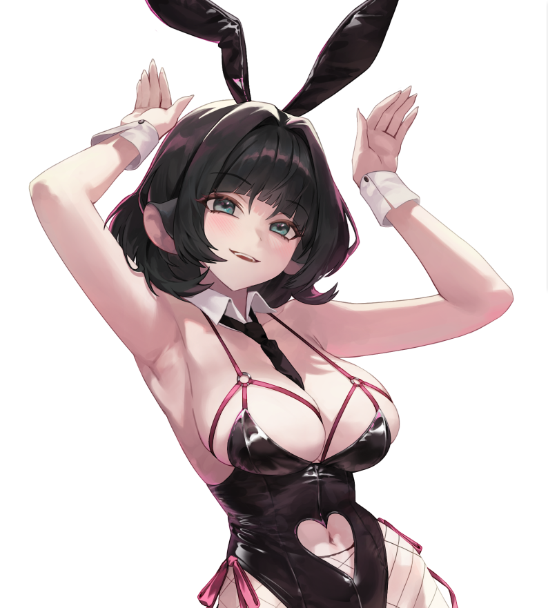 malsuk, jane doe (zenless zone zero), zenless zone zero, commentary, 1girl, animal ears, armpits, between breasts, black hair, black leotard, black necktie, breasts, cleavage, clothing cutout, collar, detached collar, fake animal ears, heart cutout, highleg, highleg leotard, large breasts, leotard, mouse ears, navel, navel cutout, necktie, necktie between breasts, o-ring, parted lips, rabbit ears, rabbit pose, simple background, solo, teeth, upper teeth only, white background, white collar, white wrist cuffs, wrist cuffs