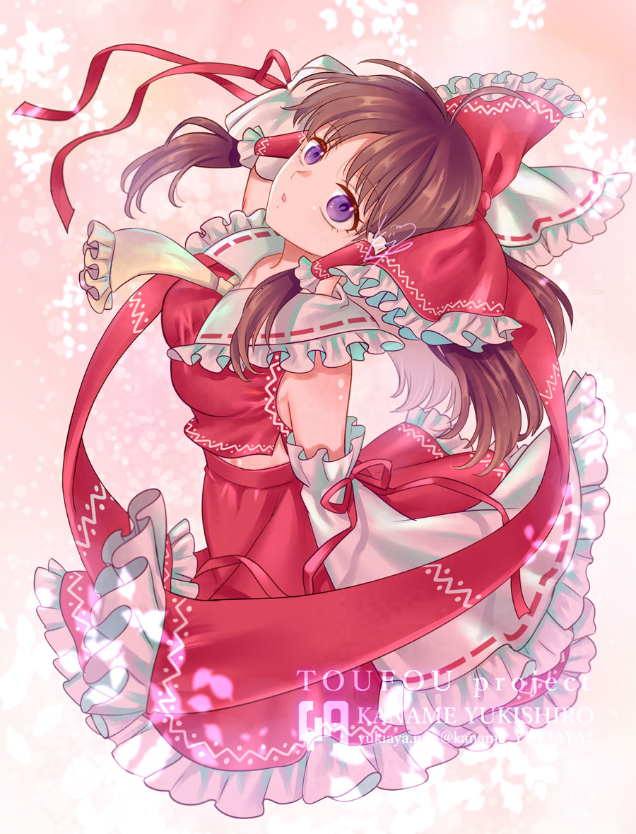 kaname yukishiro, hakurei reimu, touhou, commentary request, 1girl, alternate eye color, ascot, bow, breasts, brown hair, detached sleeves, frilled bow, frilled hair tubes, frills, hair bow, hair tubes, long hair, looking at viewer, open mouth, purple eyes, red bow, red skirt, ribbon-trimmed sleeves, ribbon trim, signature, skirt, skirt set, solo, watermark, white ascot