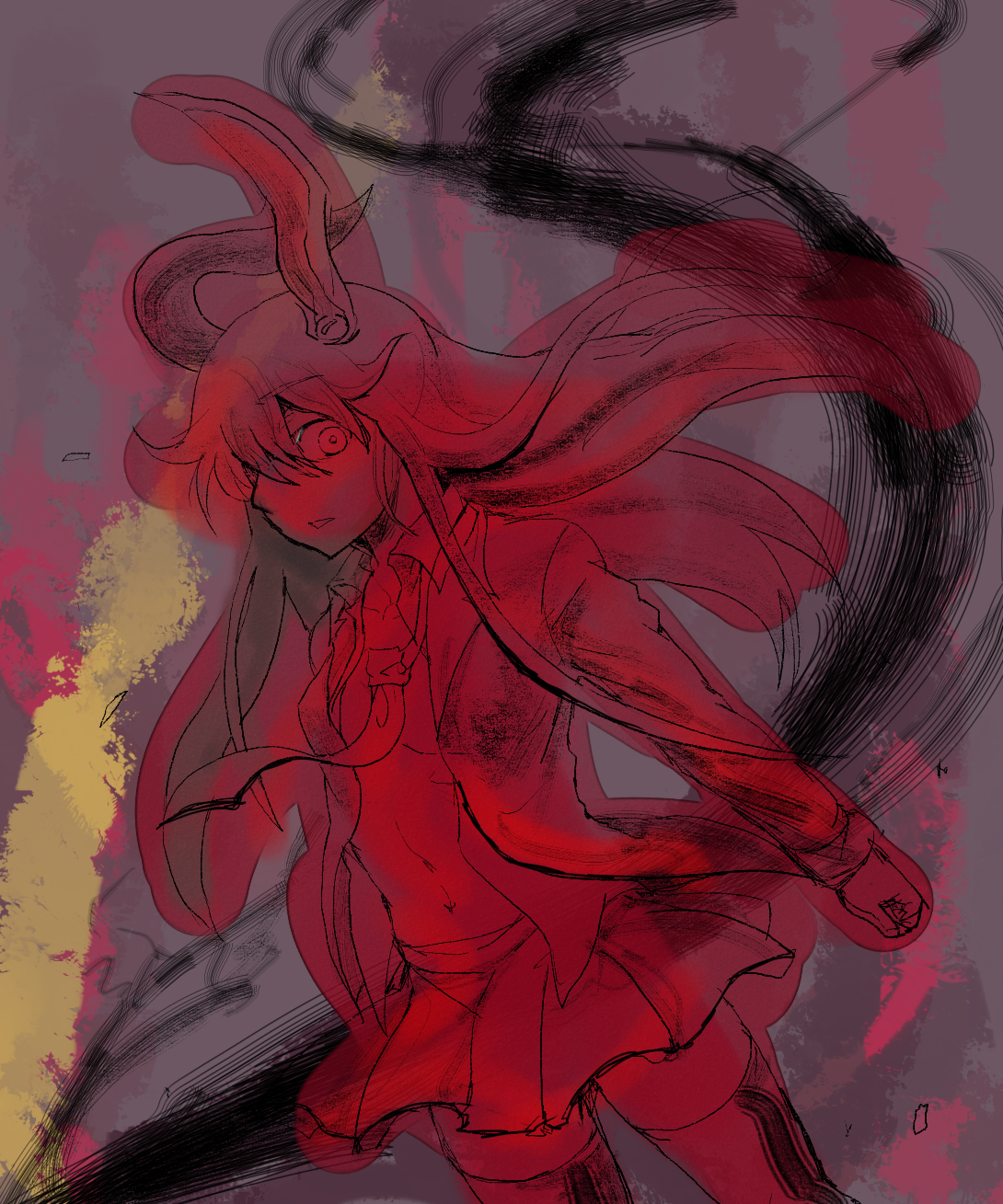 kirusu, reisen udongein inaba, touhou, bad id, bad pixiv id, highres, 1girl, animal ears, female focus, long hair, monochrome, necktie, open clothes, open shirt, rabbit ears, shirt, skirt, solo, spot color, thighhighs