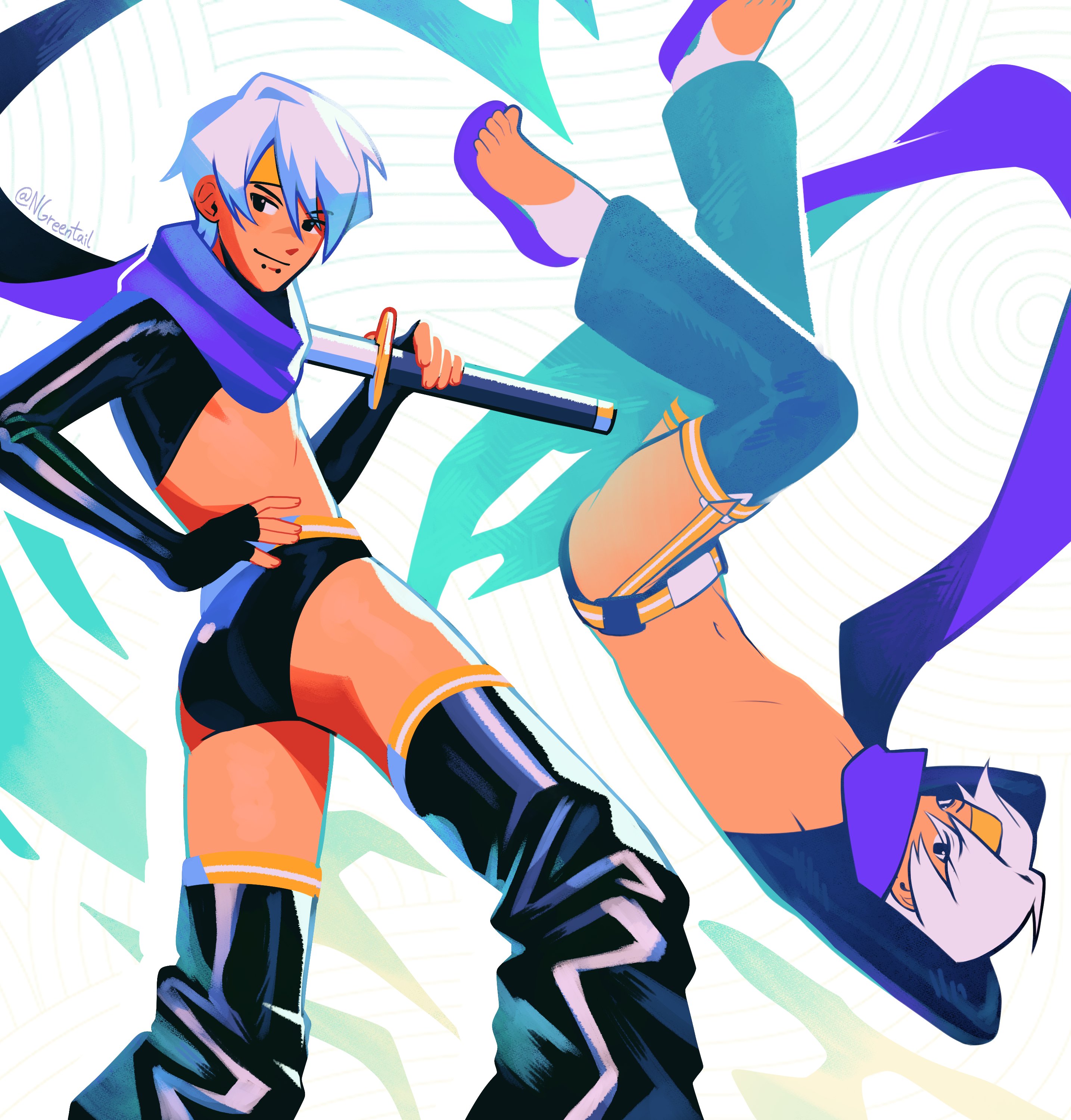 nifast (greentail), original, absurdres, highres, 1boy, awesome (nifast (greentail)), belt, black shrug, fingerless gloves, gloves, headband, katana, latex, male focus, male swimwear, navel, open-toe shoes, purple scarf, scarf, short hair, shrug (clothing), smile, snakebite (piercing), standing, swim briefs, sword, thighhighs, toes, underpec, weapon, white hair, yellow headband