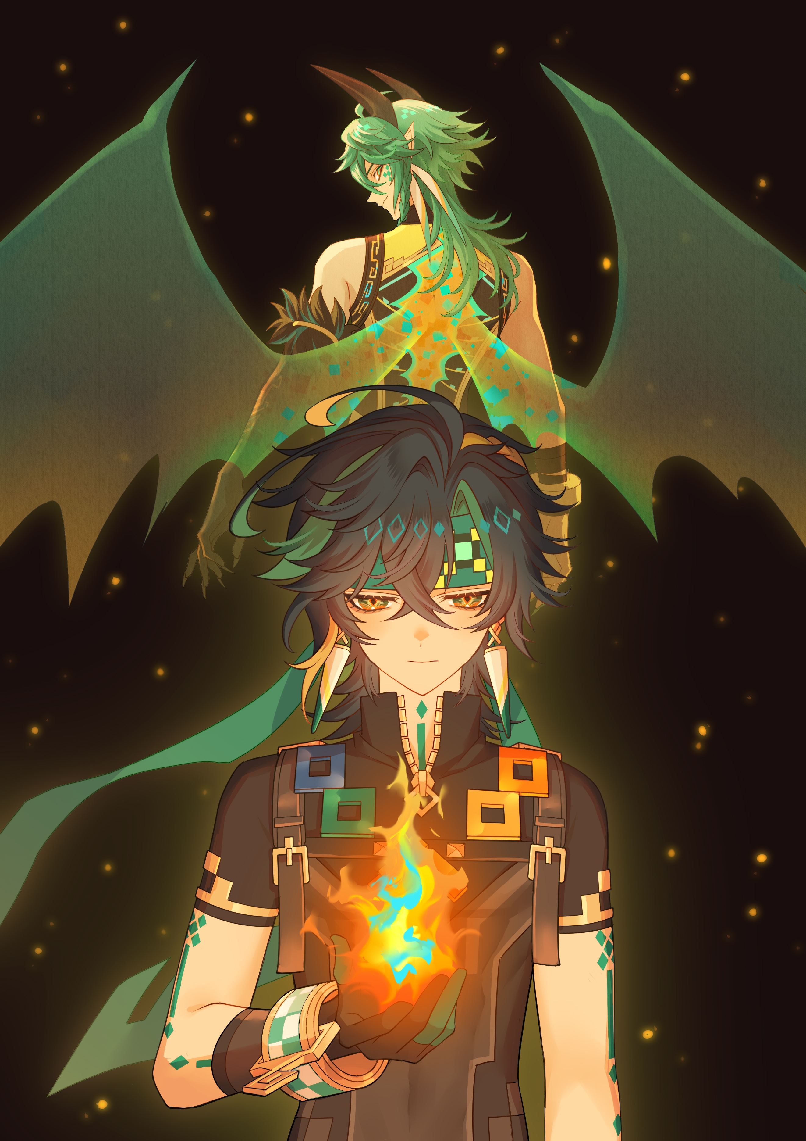 erzplubdduik93g, ajaw (genshin impact), kinich (genshin impact), genshin impact, absurdres, chinese commentary, commentary request, highres, 2boys, ahoge, antenna hair, bandaged arm, bandages, black background, black gloves, black hair, black horns, black shirt, blonde hair, body markings, bracelet, braid, chest harness, closed mouth, crossed bangs, dragon boy, dragon horns, dragon wings, earrings, embers, facial mark, fingernails, fire, gloves, green eyes, green gloves, green hair, green headband, green ribbon, hair between eyes, hair ribbon, hand up, harness, headband, horns, jewelry, long fingernails, long hair, looking at viewer, looking back, male focus, multicolored eyes, multicolored hair, multiple boys, pointy ears, ribbon, ringed eyes, sharp fingernails, shirt, short sleeves, side braid, single braid, sleeveless, sleeveless shirt, smile, streaked hair, two-tone gloves, upper body, very long fingernails, wings, yellow eyes, zipper, zipper pull tab