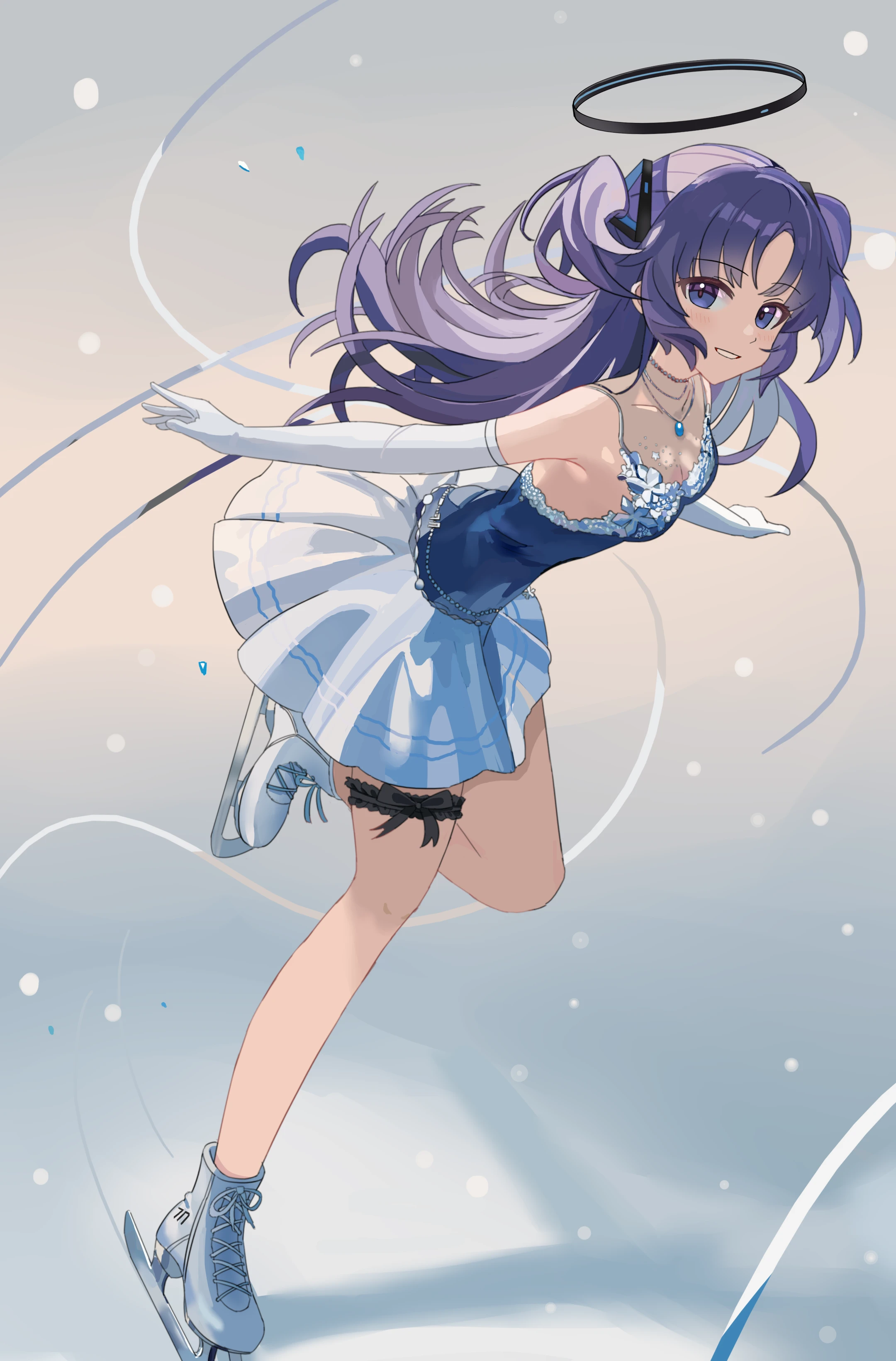 ankry, yuuka (blue archive), blue archive, absurdres, chinese commentary, commentary request, highres, painttool sai (medium), 1girl, :d, alternate costume, backlighting, bare shoulders, black halo, blue gemstone, blue shirt, blush, boots, breasts, cleavage, collarbone, elbow gloves, eyes visible through hair, floating hair, frilled thigh strap, full body, gem, gloves, green eyes, grin, hair between eyes, hair ornament, halo, ice, ice skates, ice skating, jewelry, lace-up boots, leaning forward, long hair, looking at viewer, mechanical halo, medium breasts, millennium science school logo, miniskirt, necklace, open mouth, outstretched arms, pink pupils, pleated skirt, purple hair, shirt, sidelocks, skates, skating, skirt, sleeveless, sleeveless shirt, smile, snowflake ornament, solo, spaghetti strap, standing, standing on one leg, thigh strap, triangle hair ornament, two side up, white boots, white gloves, white skirt