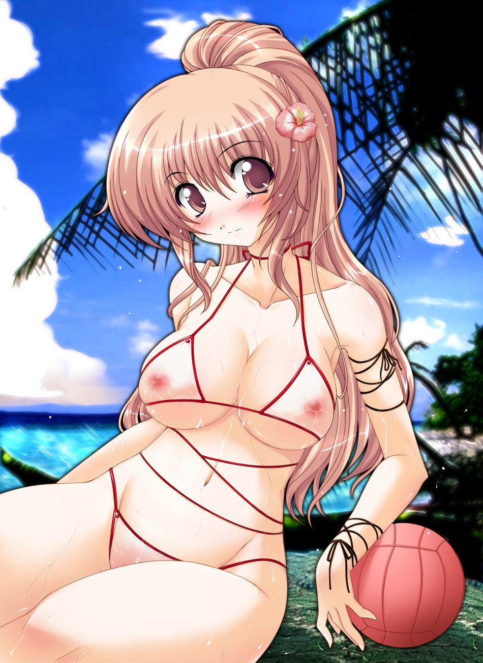 tatibana, kasumi (doa), dead or alive, tecmo, highres, non-web source, 1girl, ball, beach, bikini, blush, breasts, brown hair, cloud, female focus, flower, hair flower, hair ornament, hip focus, holding, holding ball, large breasts, long hair, micro bikini, nature, nippleless clothes, nipples, outdoors, palm tree, pink eyes, ribbon, see-through clothes, sitting, sky, smile, solo, swimsuit, tree, volleyball (object), water, wet, wide hips