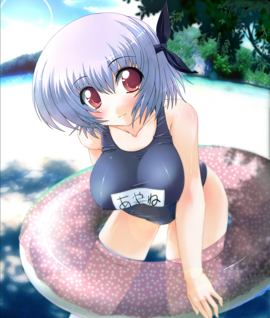 tatibana, ayane (doa), dead or alive, tecmo, 1girl, beach, blue hair, blush, bob cut, body blush, breasts, clothes writing, cloud, covered erect nipples, female focus, head tilt, headband, innertube, large breasts, leaning forward, lens flare, mountain, name tag, nature, naughty face, one-piece swimsuit, outdoors, photo background, red eyes, school swimsuit, shiny clothes, shirt, short hair, skin tight, sky, smile, solo, sparkle, standing, swim ring, swimsuit, taut clothes, taut shirt, transparent, tree, water