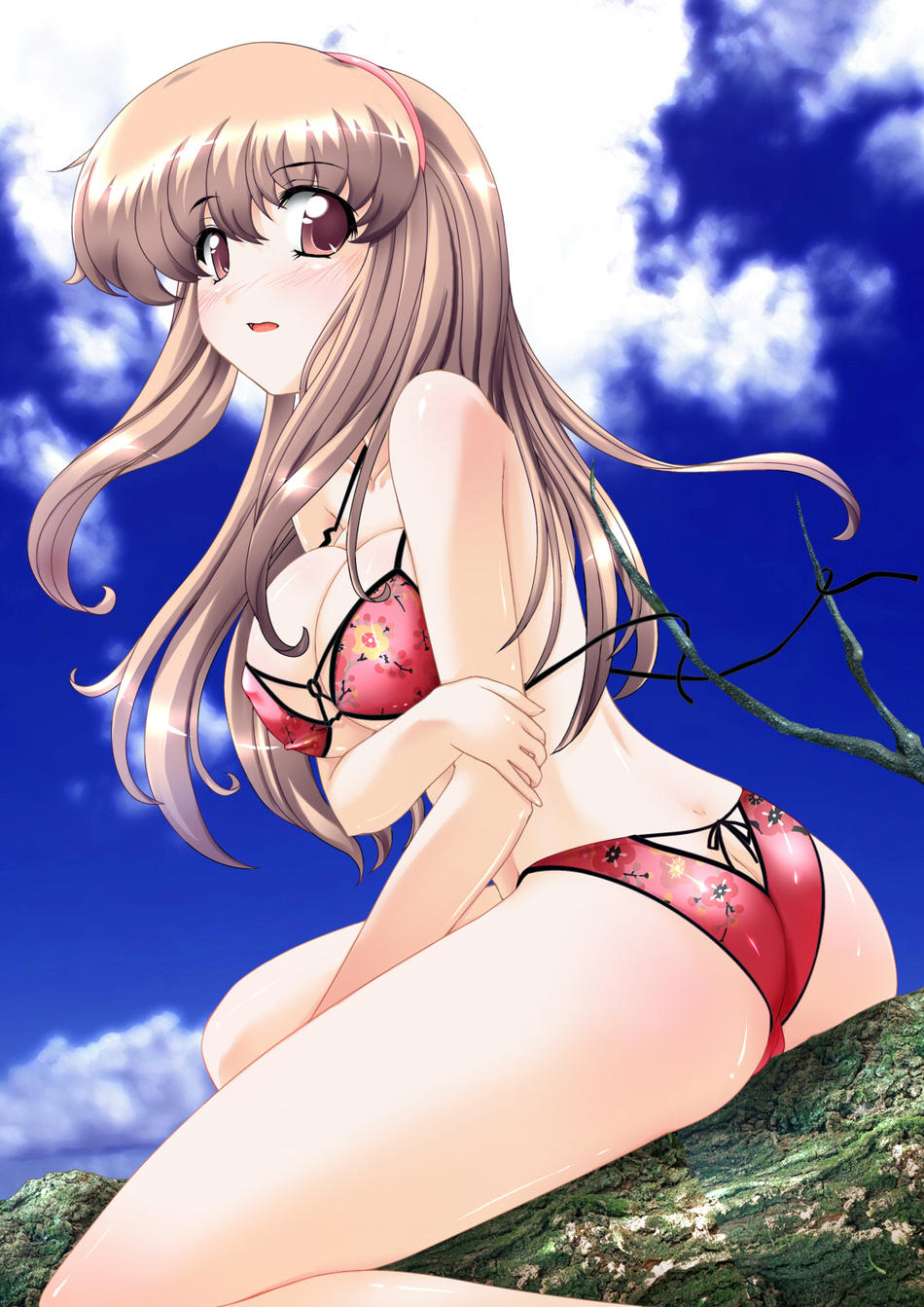 tatibana, hitomi (doa), dead or alive, tecmo, arm grab, highres, 1girl, :o, ass, back, bikini, blush, body blush, breasts, brown hair, butt crack, cleavage, cloud, covered erect nipples, embarrassed, female focus, floral print, hairband, in tree, large breasts, long hair, looking at viewer, looking back, open mouth, outdoors, pink eyes, print bikini, profile, shiny skin, sidelocks, sitting, sitting in tree, sky, solo, straddling, string bikini, swimsuit, thighs, tree, underboob, wardrobe malfunction