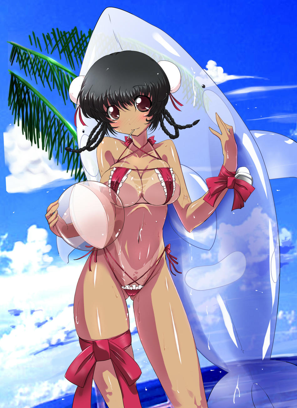 tatibana, lei fang, dead or alive, tecmo, highres, 1girl, ball, beach, beachball, bikini, bikini tan, black hair, blush, bow, braid, breast press, breasts, brown eyes, bun cover, cleavage, cloud, covered erect nipples, double bun, dutch angle, female focus, frilled bikini, frills, hair bun, halterneck, holding, inflatable raft, large breasts, leaf, looking at viewer, micro bikini, mouth hold, navel, outdoors, revealing clothes, ribbon, shiny skin, short hair, side-tie bikini bottom, sideboob, skindentation, sky, smile, solo, standing, string bikini, swimsuit, tan, tanline, thigh strap, thighs, transparent, twin braids, water, wet, whale, wristband