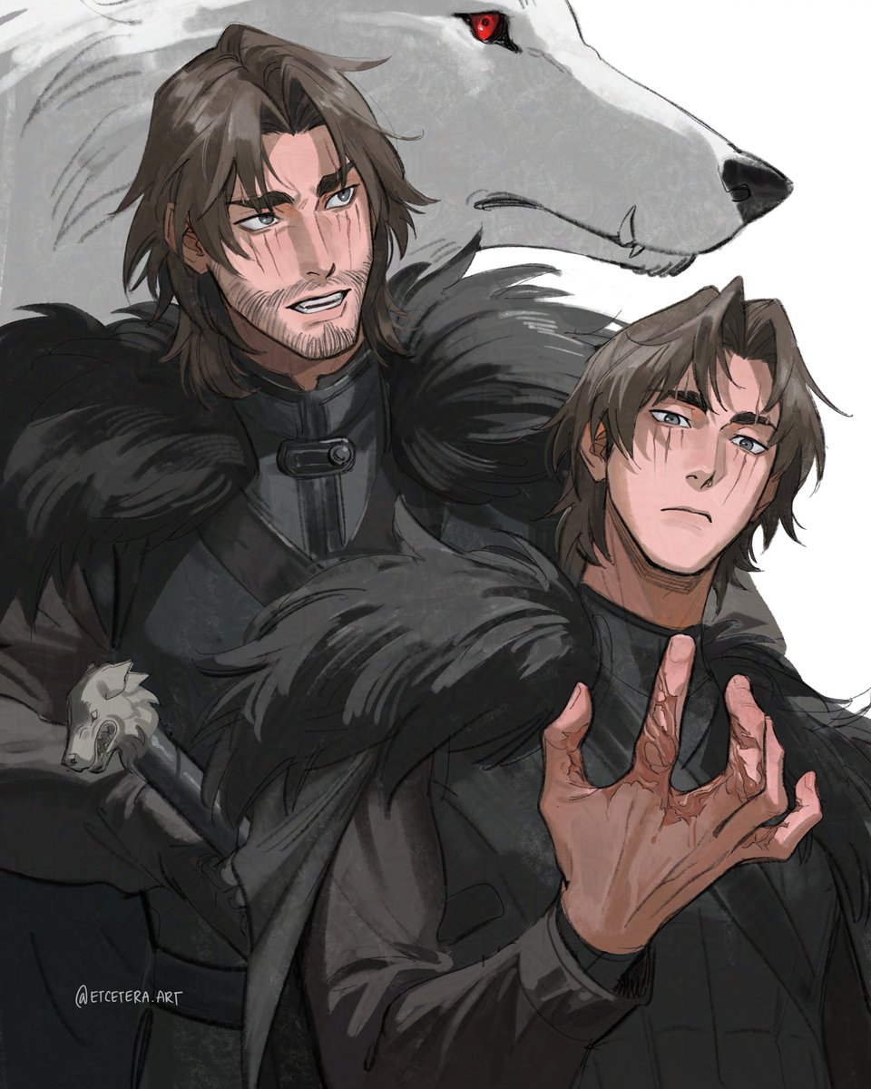 etceteraart, jon snow, a song of ice and fire, commentary, highres, 1boy, animal, artist name, beard stubble, black cape, brown hair, cape, dire wolf, eyebrow cut, facial hair, fur-trimmed cape, fur trim, grey eyes, long sleeves, looking at hand, looking to the side, male focus, multiple views, red eyes, scar, scar on face, scar on hand, sheath, short hair, simple background, stubble, teeth, unsheathing, upper body, white background, white fur