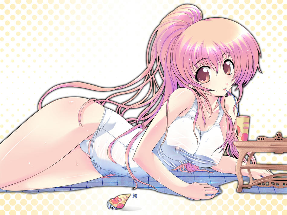 tatibana, kasumi (doa), dead or alive, tecmo, 1girl, :o, blush, body blush, breasts, brown hair, cleavage, covered erect nipples, crab, drink, drinking, drinking straw, embarrassed, female focus, gradient background, gradient hair, groin, hermit crab, high ponytail, large breasts, long hair, looking at viewer, looking back, lying, multicolored hair, navel, on ground, on side, one-piece swimsuit, open mouth, orange hair, pink eyes, polka dot, polka dot background, ponytail, profile, school swimsuit, school swimsuit flap, see-through clothes, shell, shiny skin, shirt, sidelocks, skin tight, solo, star (symbol), swimsuit, table, taut clothes, taut shirt, thighs, very long hair, water, wet, white one-piece swimsuit, white school swimsuit