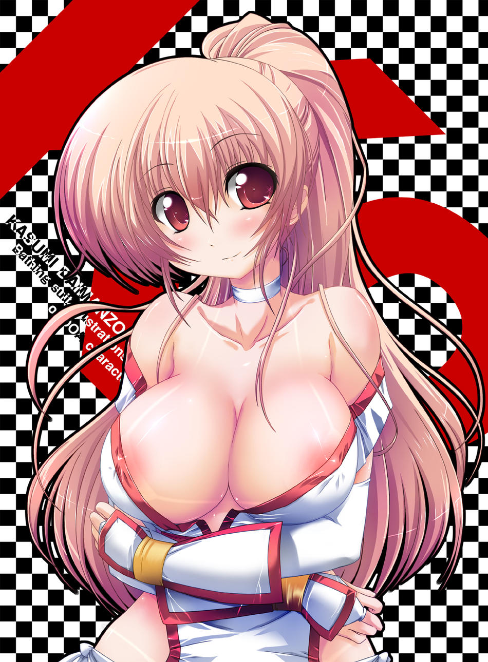 tatibana, kasumi (doa), dead or alive, tecmo, highres, 1girl, areola slip, bare shoulders, breasts, bridal gauntlets, brown hair, checkered background, choker, cleavage, covered erect nipples, crossed arms, female focus, high ponytail, highleg, hip focus, japanese clothes, large breasts, long hair, looking at viewer, naughty face, ninja, no bra, off shoulder, open clothes, open shirt, ponytail, red eyes, shiny clothes, shiny skin, shirt, smile, solo, standing, upper body, very long hair, wide hips, wristband