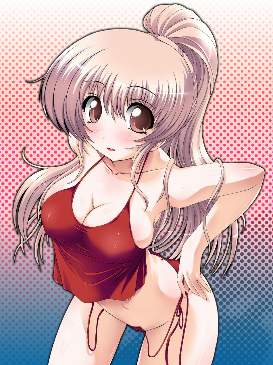 tatibana, kasumi (doa), dead or alive, tecmo, silver hair, highres, 1girl, :d, arched back, bikini, bikini bottom only, blush, body blush, breasts, brown eyes, butt crack, camisole, cleavage, covered erect nipples, embarrassed, female focus, gradient background, groin, high ponytail, large breasts, leaning forward, looking at viewer, naughty face, navel, open mouth, polka dot, polka dot background, ponytail, shiny clothes, shiny skin, shirt, side-tie bikini bottom, sideboob, sidelocks, smile, solo, standing, string bikini, swimsuit, taut clothes, taut shirt, undressing