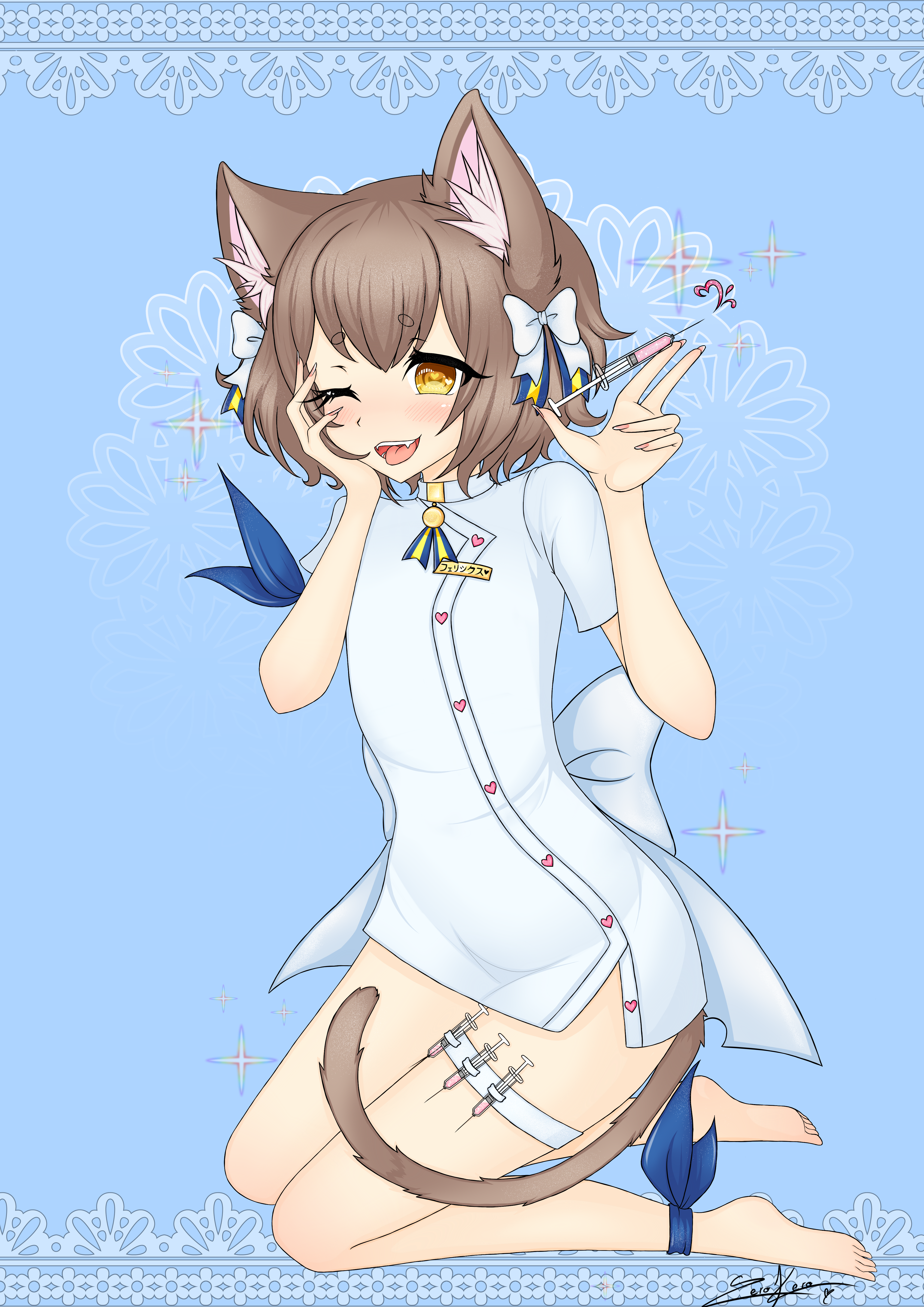 felix argyle, re:zero kara hajimeru isekai seikatsu, absurdres, highres, 1boy, animal ear fluff, animal ears, back bow, blue background, blue dress, blue ribbon, blush, bow, brown hair, cat boy, cat ears, cat tail, crossdressing, crossdressing (mtf), dress, fang, hair between eyes, hair bow, holding, holding needle, leg ribbon, multiple hair bows, needle, nurse, one-eyed, ribbon, seiza, short dress, short hair, simple background, sitting, tail, thigh strap, tongue, tongue out, trap, white bow, yellow eyes, zerokero