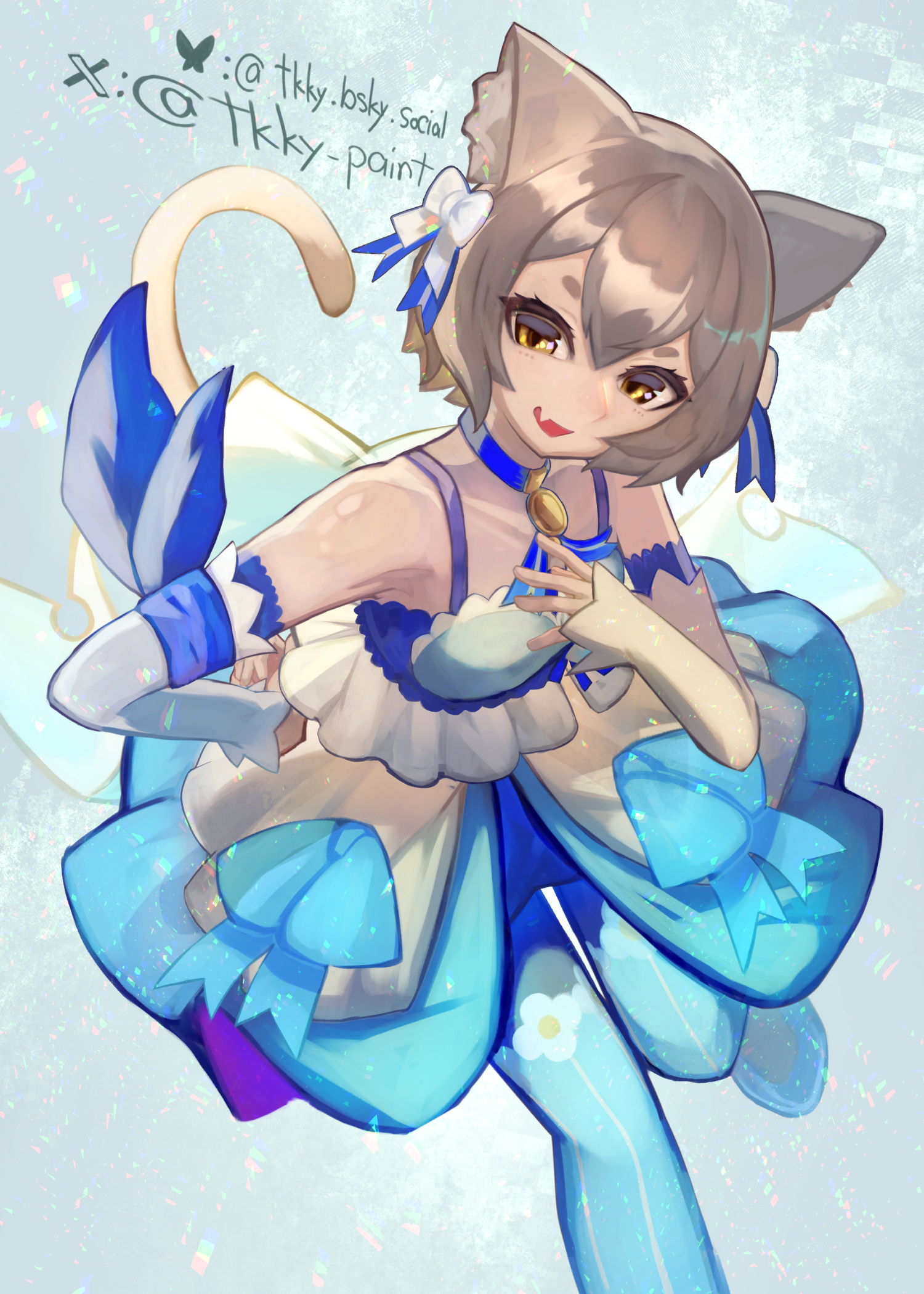 felix argyle, re:zero kara hajimeru isekai seikatsu, highres, 1boy, animal ear fluff, animal ears, arm scarf, bell, black pantyhose, blue collar, blue dress, blue scarf, blue thighhighs, bluesky username, bow, brown hair, cat boy, cat ears, cat tail, collar, collarbone, crossdressing, crossdressing (mtf), detached sleeves, dress, floral print thighhighs, frilled dress, frilled sleeves, frills, hair between eyes, hair bow, male focus, multiple hair bows, neck bell, pantyhose, scarf, short dress, short hair, solo, striped clothes, striped thighhighs, tail, thighhighs, tk ky, trap, twitter username, two-tone dress, two-tone thighhighs, white background, white bow, white dress, white sleeves, white thighhighs, yellow eyes