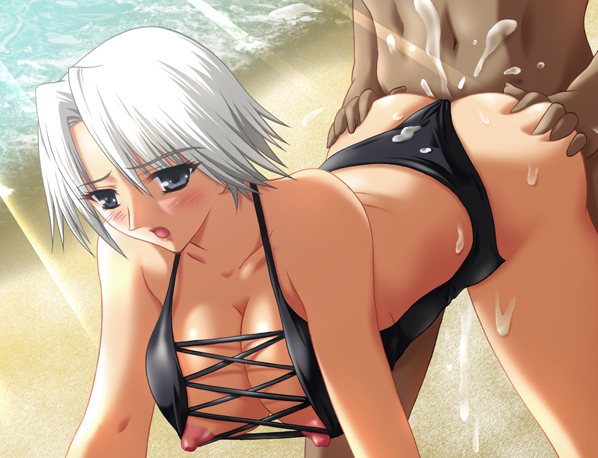 christie (doa), dead or alive, tecmo, ass grab, silver hair, 1girl, ass, beach, blush, breasts, clothed female nude male, clothed sex, cum, cum in pussy, cumdrip, dark-skinned male, dark skin, doggystyle, grey eyes, interracial, nipples, nude, ocean, outdoors, sand, sex, sex from behind, swimsuit, vaginal, water
