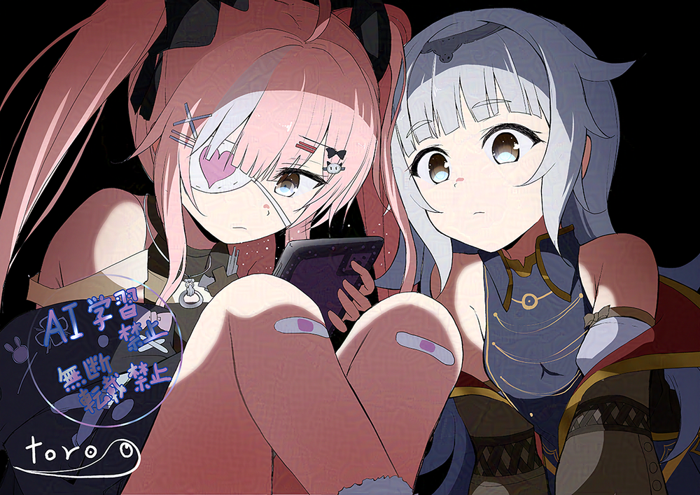 toro yurei, z46 (azur lane), z47 (azur lane), azur lane, commentary request, 2girls, bandaid, bandaid on knee, bandaid on leg, bare shoulders, black ribbon, cellphone, closed mouth, eyepatch, grey eyes, grey hair, hair ornament, hair ribbon, hairclip, heart, heart eyepatch, holding, holding phone, knees up, looking at phone, multicolored hair, multiple girls, phone, pink hair, ribbon, siblings, signature, sisters, sitting, smartphone, twintails, watermark, white hair, white streaks