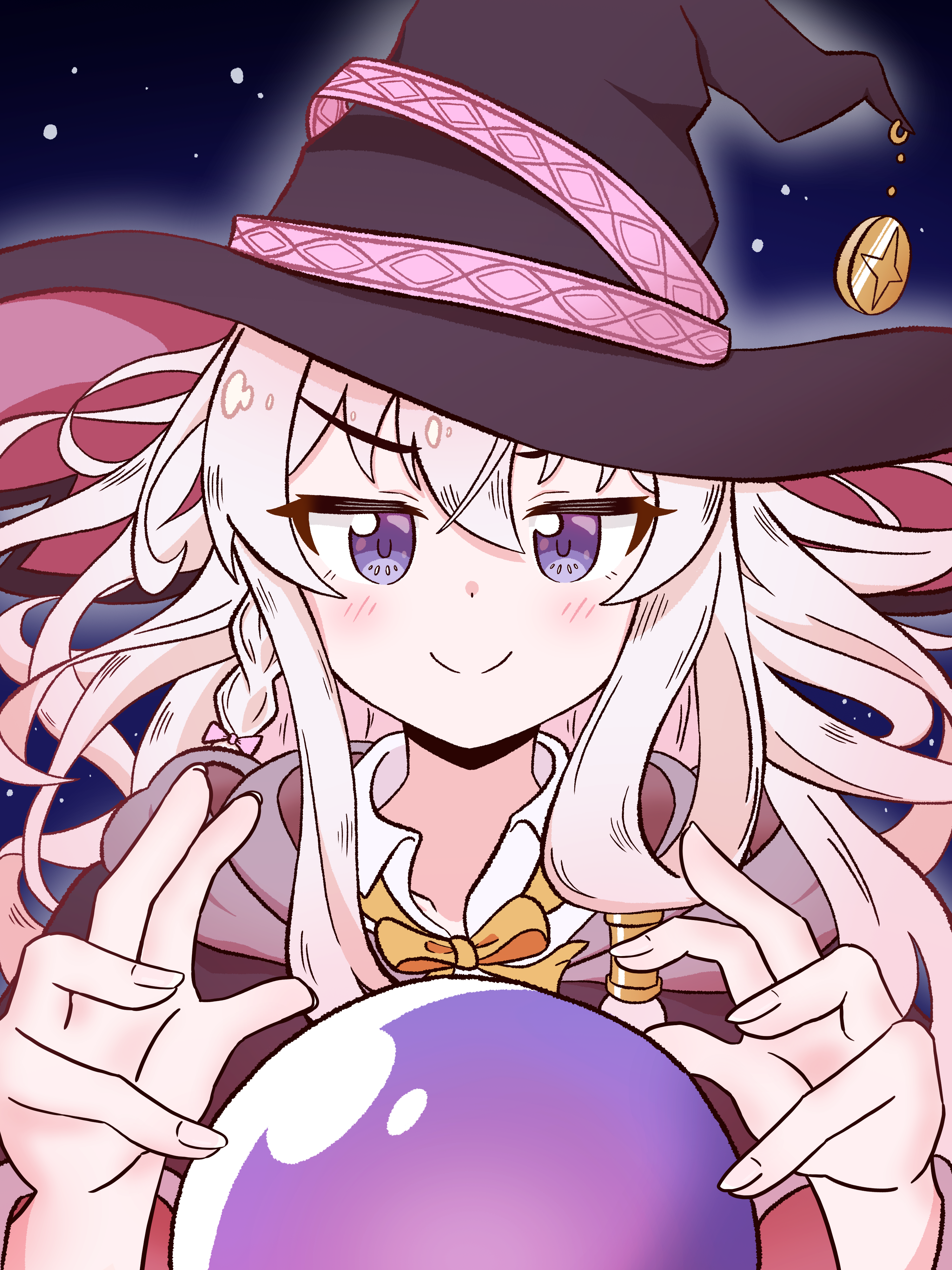 elaina (majo no tabitabi), majo no tabitabi, absurdres, commentary request, highres, 1girl, black hat, blush, choppy bangs, closed mouth, hair between eyes, hat, long hair, looking at viewer, orb, purple eyes, smile, solo, straight-on, upper body, user vunt4555, white hair, witch, witch hat