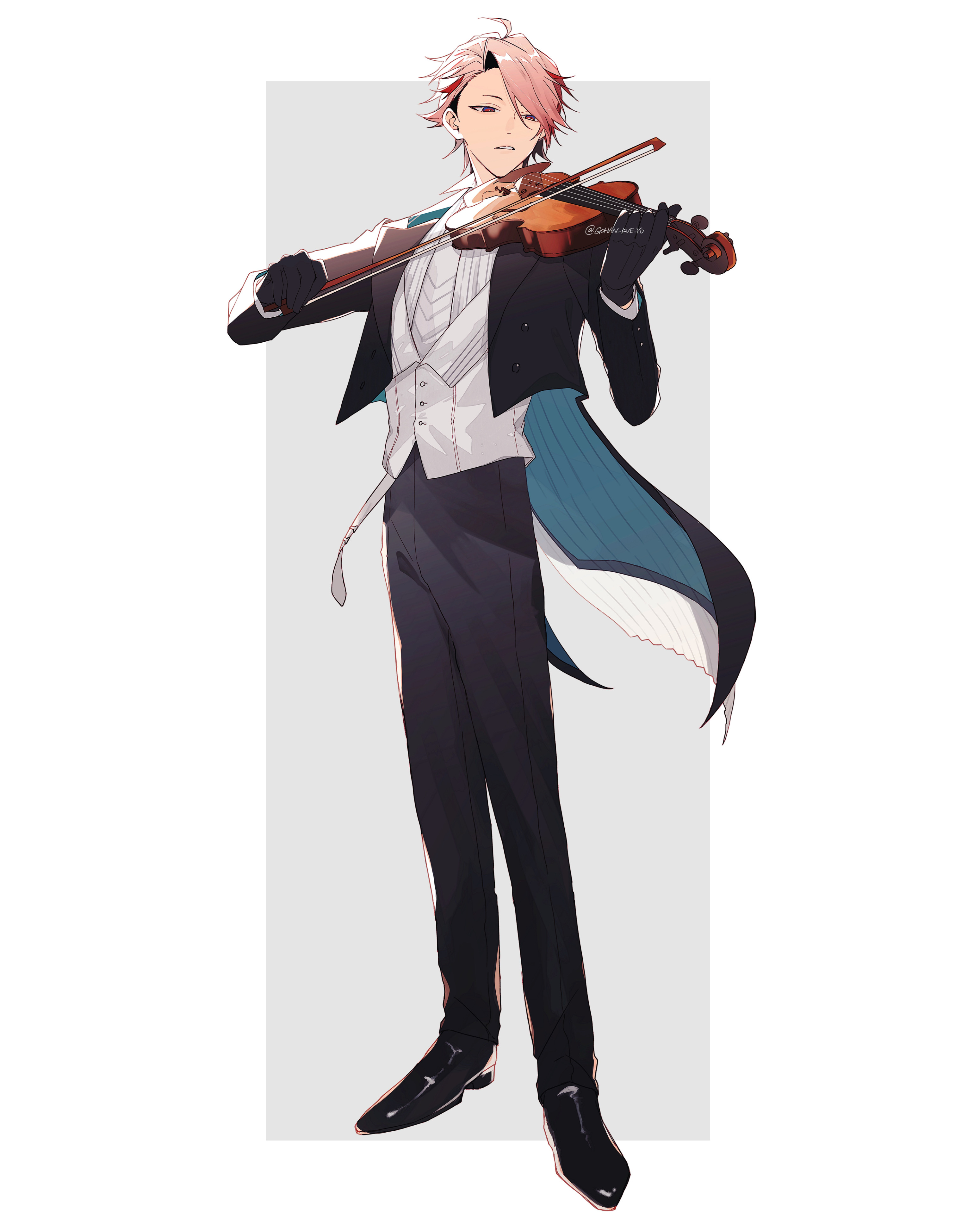 shiba twst 69, seraph dazzlegarden, nijisanji, absurdres, commentary request, highres, 1boy, black coat, black gloves, black pants, black shoes, border, bow (music), coat, full body, gloves, grey background, half-closed eyes, holding, holding bow (music), holding instrument, holding violin, instrument, looking to the side, male focus, music, pants, parted lips, pink hair, playing instrument, red eyes, shoes, solo, swept bangs, tailcoat, twitter username, vest, violin, virtual youtuber, white background, white vest