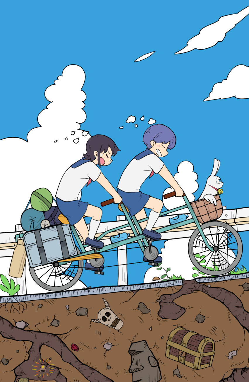 amakazari eri, makabe matsuri, mimineko, city (arawi keiichi), highres, 2girls, = =, animal, ascot, bicycle, bicycle basket, black hair, blue bag, blue hair, blue shoes, blue skirt, blue sky, cat, closed mouth, cloud, cloudy sky, dirt, from side, gem, grass, lantern, lynxrua, moai, multiple girls, mushroom, official style, open mouth, outdoors, parted lips, red ascot, red gemstone, riding, riding bicycle, rock, school uniform, serafuku, shoes, short hair, sidelocks, skirt, skull, sky, socks, teeth, treasure chest, underground, very short hair, white serafuku, white socks