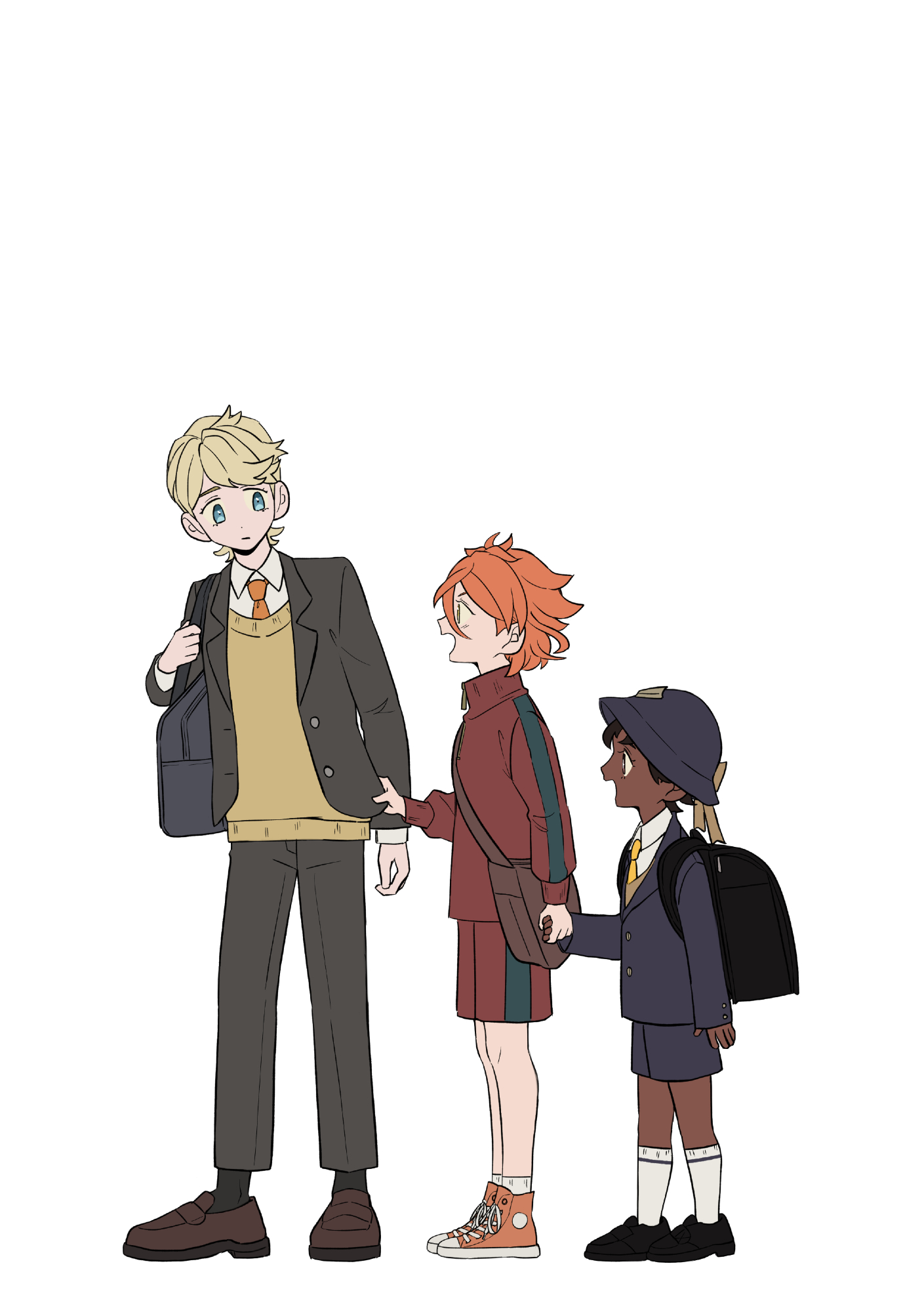 hahm0106, bunet (fire emblem), fogado (fire emblem), pandreo (fire emblem), fire emblem, fire emblem engage, nintendo, highres, 3boys, alternate costume, blonde hair, blue eyes, contemporary, dark-skinned male, dark skin, male focus, multiple boys, necktie, orange hair, orange necktie, yellow eyes