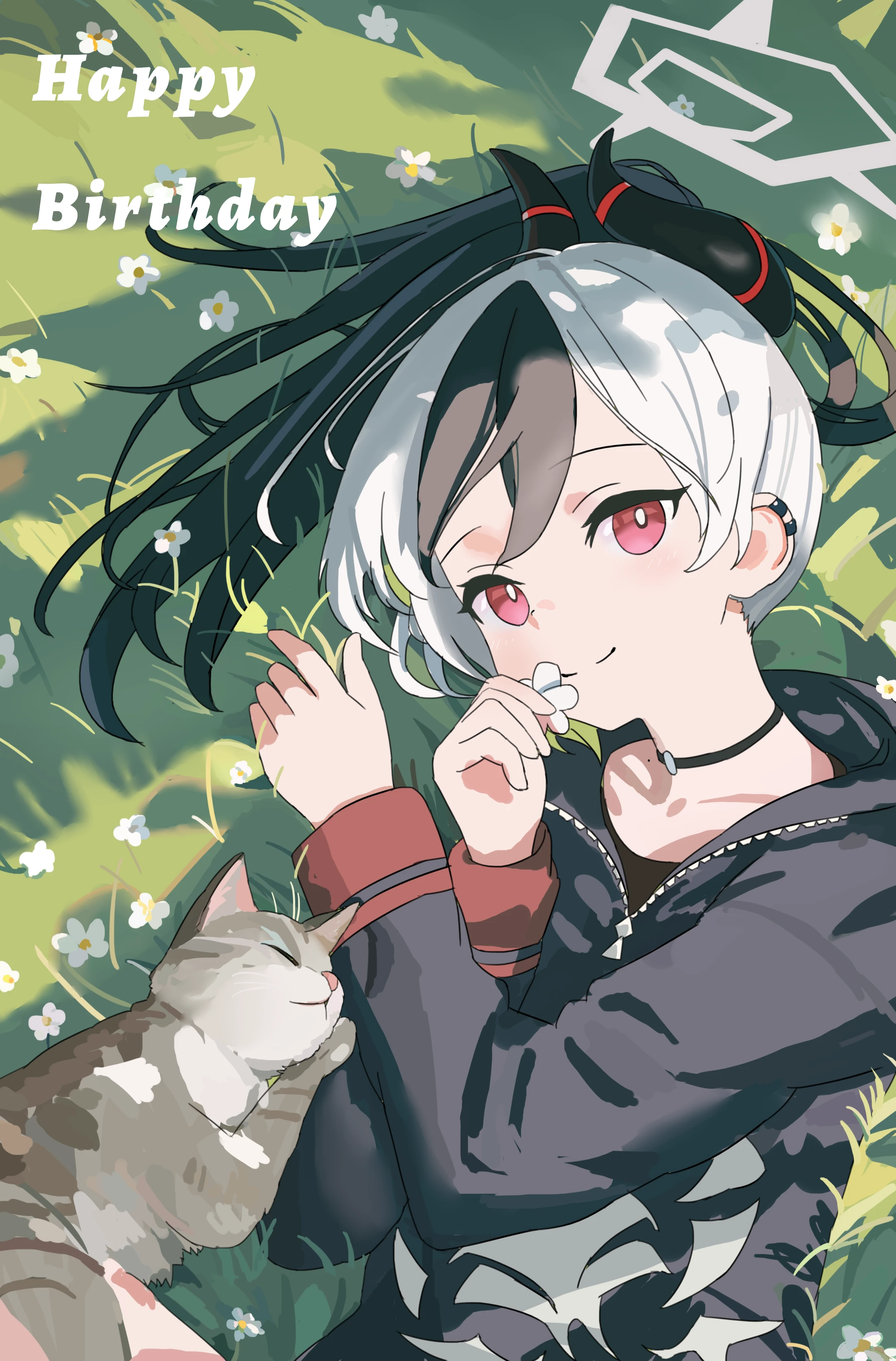 ankry, kayoko (blue archive), blue archive, absurdres, chinese commentary, commentary request, highres, 1girl, black choker, black hair, black hoodie, black horns, blush, bright pupils, cat, choker, closed mouth, dappled sunlight, day, demon girl, demon horns, earclip, flower, grass, grey cat, grey halo, hair between eyes, hair spread out, halo, hands up, happy, happy birthday, holding, holding flower, hood, hood down, hoodie, horns, long hair, long sleeves, looking at viewer, lying, mole, mole on neck, multicolored hair, on back, on grass, outdoors, ponytail, red eyes, smile, solo, split mouth, sunlight, two-tone hair, upper body, white flower, white hair, white pupils