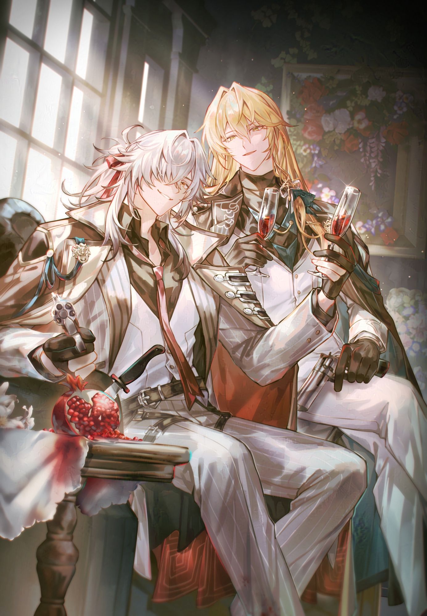 hata (ohataa0), jing yuan, luocha (honkai: star rail), honkai: star rail, honkai (series), commentary, highres, symbol-only commentary, 2boys, aiming, aiming at viewer, alcohol, belt, belt buckle, black belt, black coat, black gloves, black shirt, blonde hair, buckle, coat, coat on shoulders, collared coat, collared shirt, crossed bangs, cup, drinking glass, flower, food, fruit, gloves, green eyes, grey jacket, grey pants, grin, gun, hair intakes, hair over one eye, hair ribbon, hand up, handgun, holding, holding cup, holding gun, holding weapon, indoors, jacket, kitchen knife, knife, lapels, light particles, long hair, long sleeves, looking at viewer, loose necktie, male focus, multiple boys, necktie, one eye covered, open clothes, open jacket, open mouth, pants, parted bangs, parted lips, partially fingerless gloves, picture frame, pink flower, pinstripe jacket, pinstripe pants, pinstripe pattern, pomegranate, ponytail, purple flower, red flower, red necktie, red ribbon, red wine, ribbon, shirt, sitting, smile, table, tablecloth, thigh belt, thigh strap, two-sided coat, two-sided fabric, vest, weapon, white flower, white hair, white jacket, white pants, white vest, window, wine, wooden table, yellow eyes