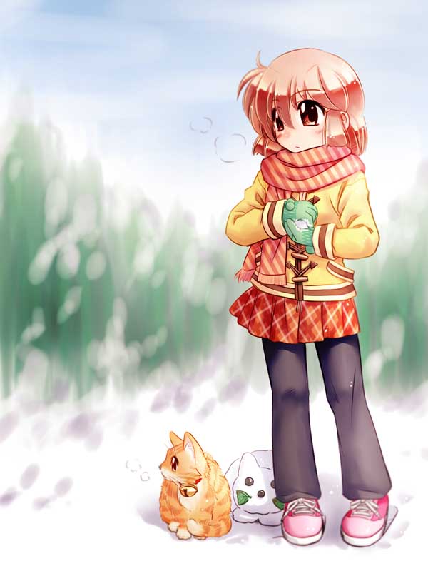 zan, original, cat, child, coat, cold, new year, orange hair, scarf, snow, snow rabbit, solo