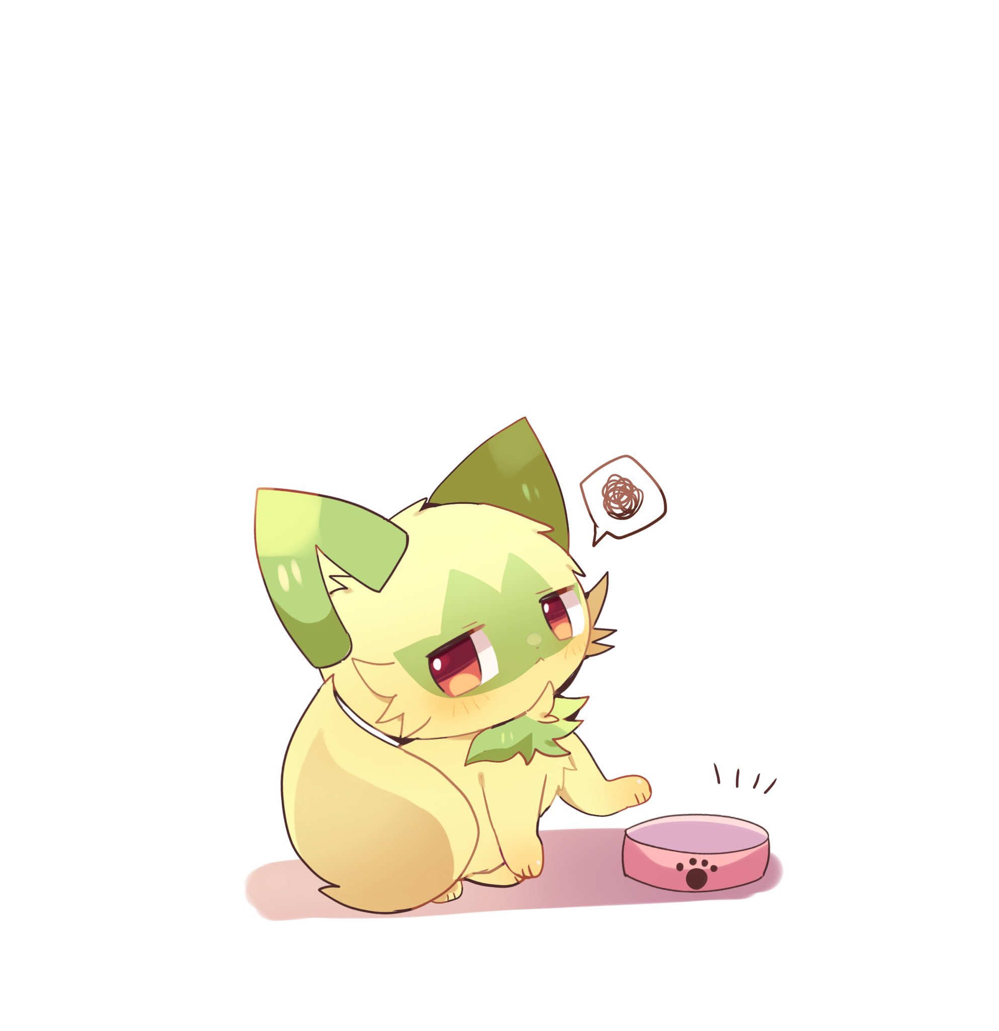 yupo 0322, sprigatito, nintendo, pokemon, highres, animal focus, blush, bowl, cat, closed mouth, green fur, looking at viewer, no humans, pet bowl, pokemon (creature), pokemon focus, red eyes, simple background, speech bubble, white background