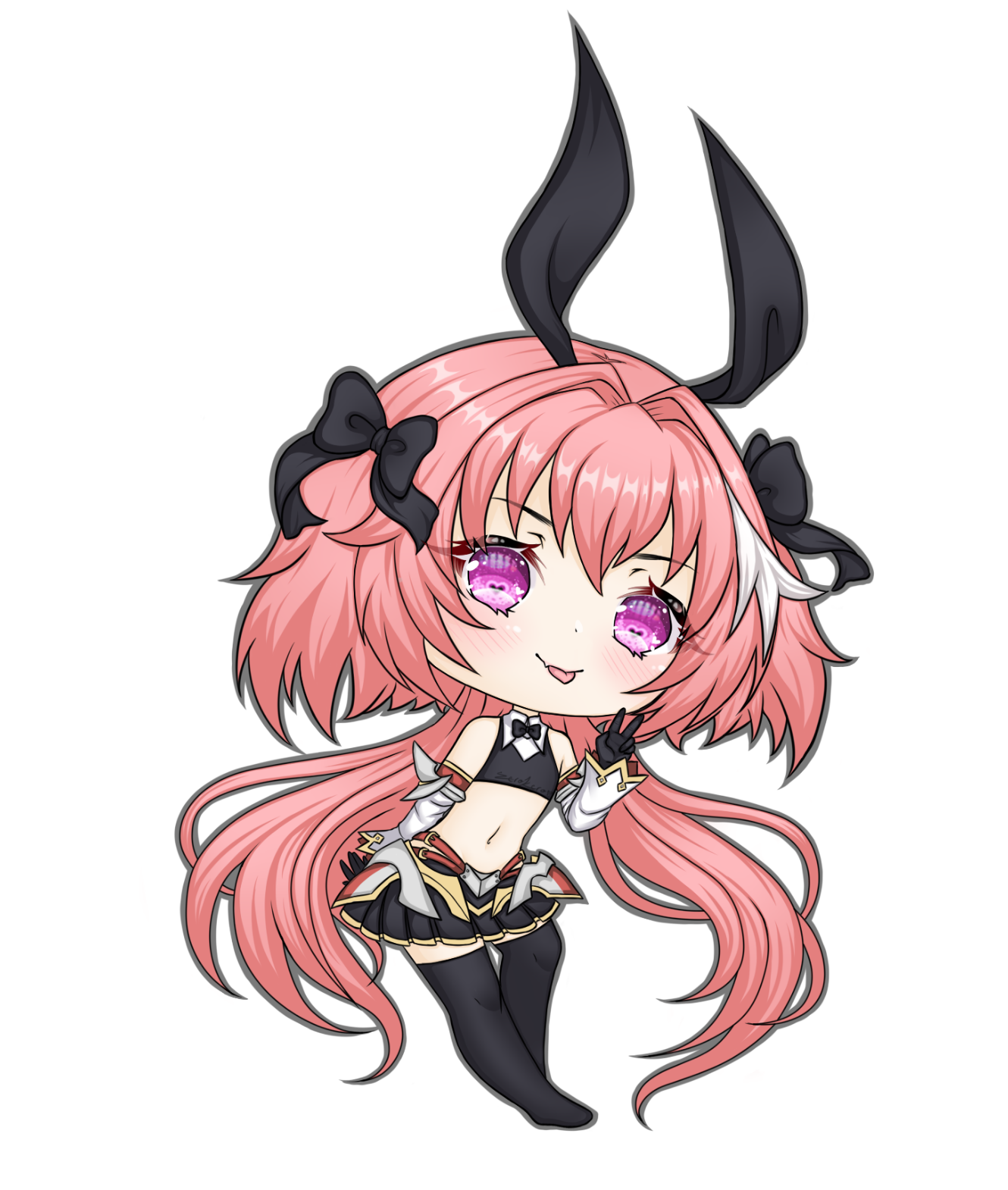 astolfo (fate), astolfo (saber) (fate), astolfo (saber) (first ascension) (fate), fate/grand order, fate (series), highres, 1boy, animal ears, armored skirt, black bow, black bowtie, black gloves, black skirt, black thighhighs, black tube top, bow, bowtie, chibi, chibi only, collar, crossdressing, crossdressing (mtf), deformed, detached sleeves, fake animal ears, fang, gloves, hair bow, hair intakes, long hair, low twintails, male focus, midriff, miniskirt, multiple hair bows, navel, pink hair, purple hair, rabbit ears, simple background, single hair streak, skin fang, skirt, solo, strapless, thighhighs, tongue, tongue out, trap, tube top, twintails, v, very long hair, white background, white collar, white hair, white sleeves, zerokero, zettai ryouiki