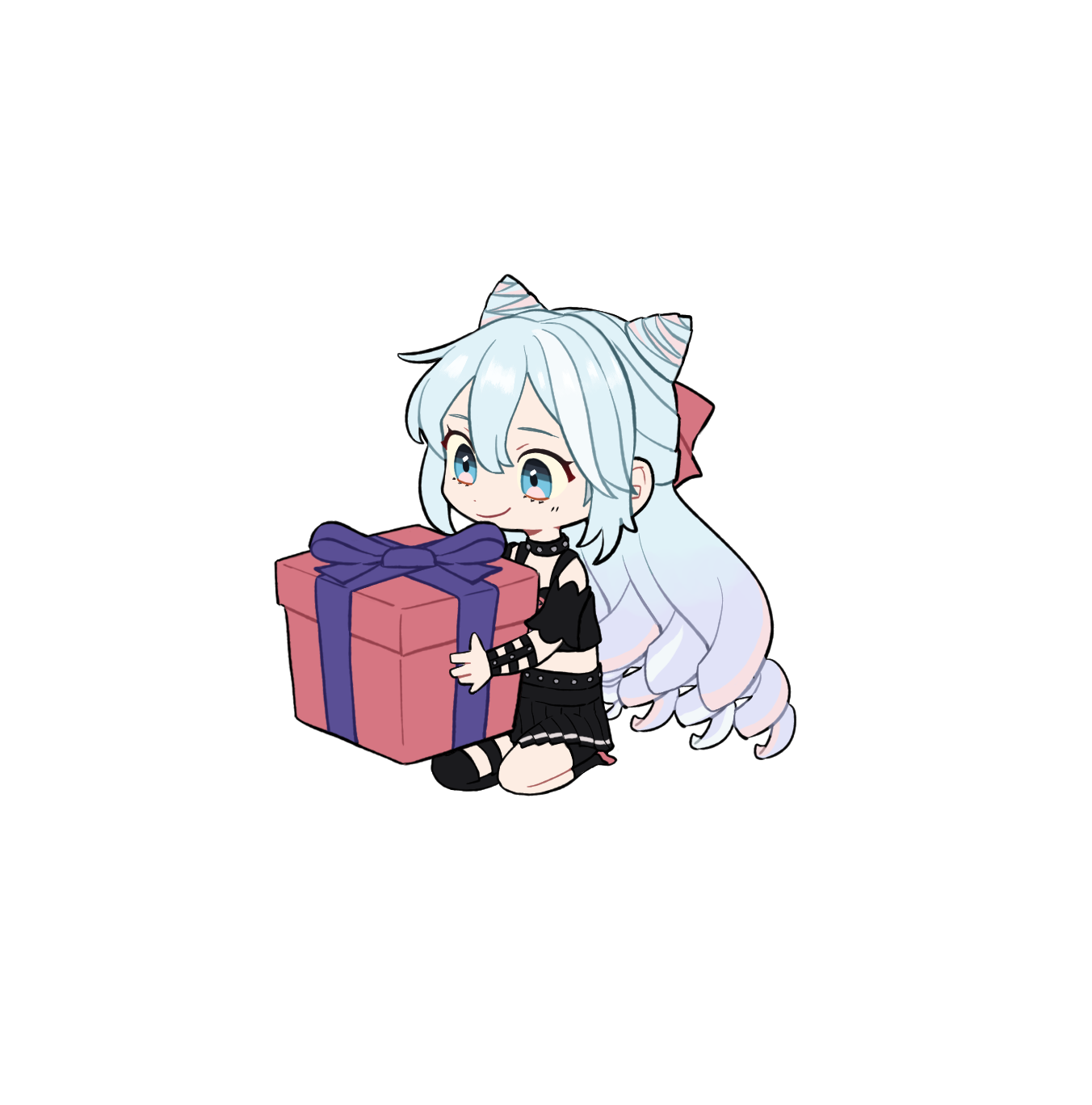 hahm0106, rosado (fire emblem), fire emblem, fire emblem engage, nintendo, highres, 1boy, androgynous, aqua hair, black collar, black skirt, blue eyes, chibi, chibi only, collar, cone hair bun, crop top, crossdressing, crossdressing (mtf), drill hair, gift, gradient hair, hair bun, hair horns, holding, holding gift, long hair, male focus, miniskirt, multicolored hair, pleated skirt, purple hair, skirt, solo, streaked hair, trap, very long hair