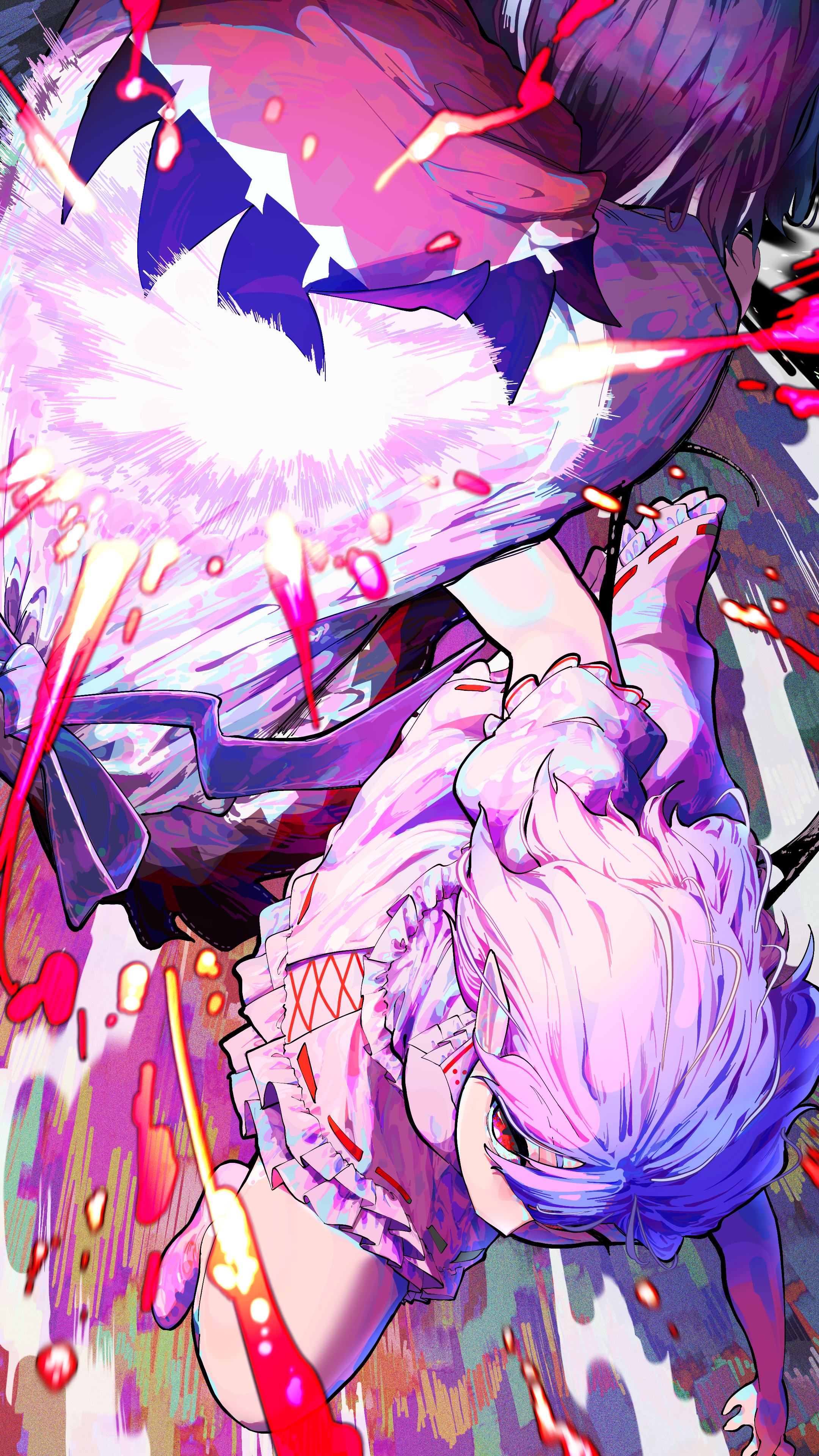 yuara, kijin seija, remilia scarlet, touhou, absurdres, highres, 2girls, ascot, attack, bat wings, black hair, blue hair, energy, energy ball, floating hair, frilled skirt, frilled sleeves, frills, horns, motion blur, multicolored hair, multiple girls, pink shirt, pink skirt, pointy ears, power symbol, puffy short sleeves, puffy sleeves, red ascot, red eyes, shirt, short sleeves, skirt, small horns, streaked hair, wings