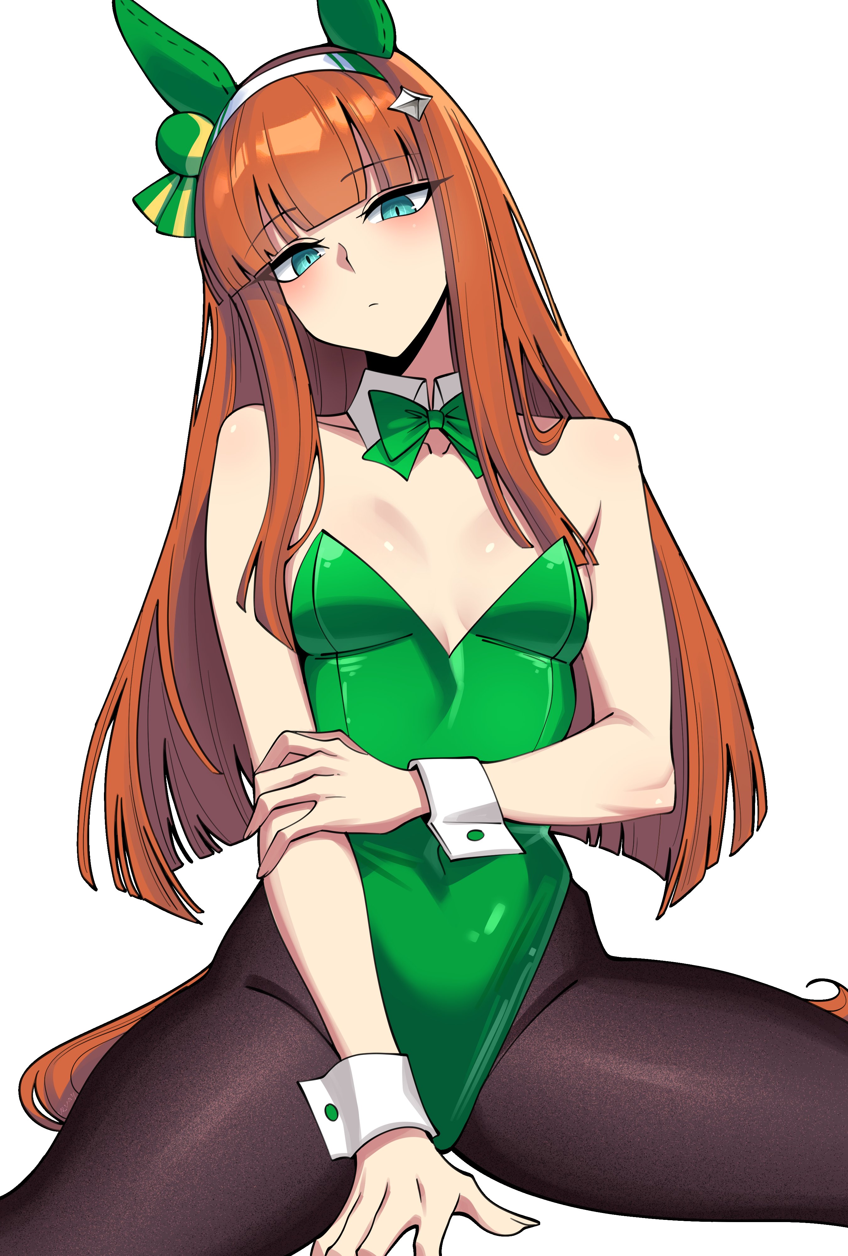 vvernerluniq, silence suzuka (umamusume), umamusume, absurdres, highres, 1girl, alternate costume, animal ears, bare shoulders, black pantyhose, blue eyes, blunt bangs, blush, bow, bowtie, breasts, closed mouth, covered navel, detached collar, ear covers, green bow, green bowtie, green eyes, green leotard, hairband, hime cut, horse ears, horse girl, horse tail, leotard, long hair, looking at viewer, open mouth, orange hair, orange tail, pantyhose, simple background, small breasts, solo, tail, white background, white hairband, white wrist cuffs, wrist cuffs