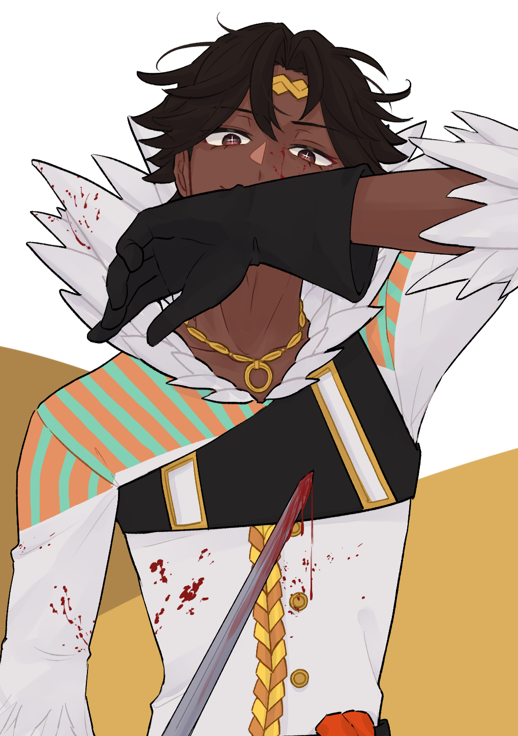 hahm0106, fogado (fire emblem), fire emblem, fire emblem engage, nintendo, highres, 1boy, blood, blood on clothes, circlet, dark-skinned male, dark skin, feather collar, feather trim, gold circlet, gold necklace, jewelry, looking at viewer, male focus, necklace, prince, star-shaped pupils, star (symbol), symbol-shaped pupils