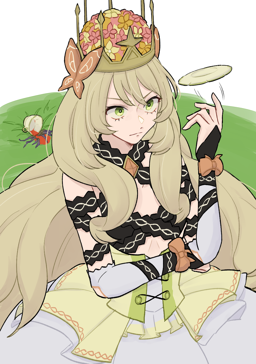 hahm0106, celine (fire emblem), fire emblem, fire emblem engage, nintendo, highres, 1girl, bare shoulders, blonde hair, bow, butterfly hair ornament, crown, cup, dress, dress bow, gem, green eyes, hair ornament, long hair, orange bow, orange gemstone, princess, solo, spilled drink, teacup, very long hair, wrist bow, yellow dress