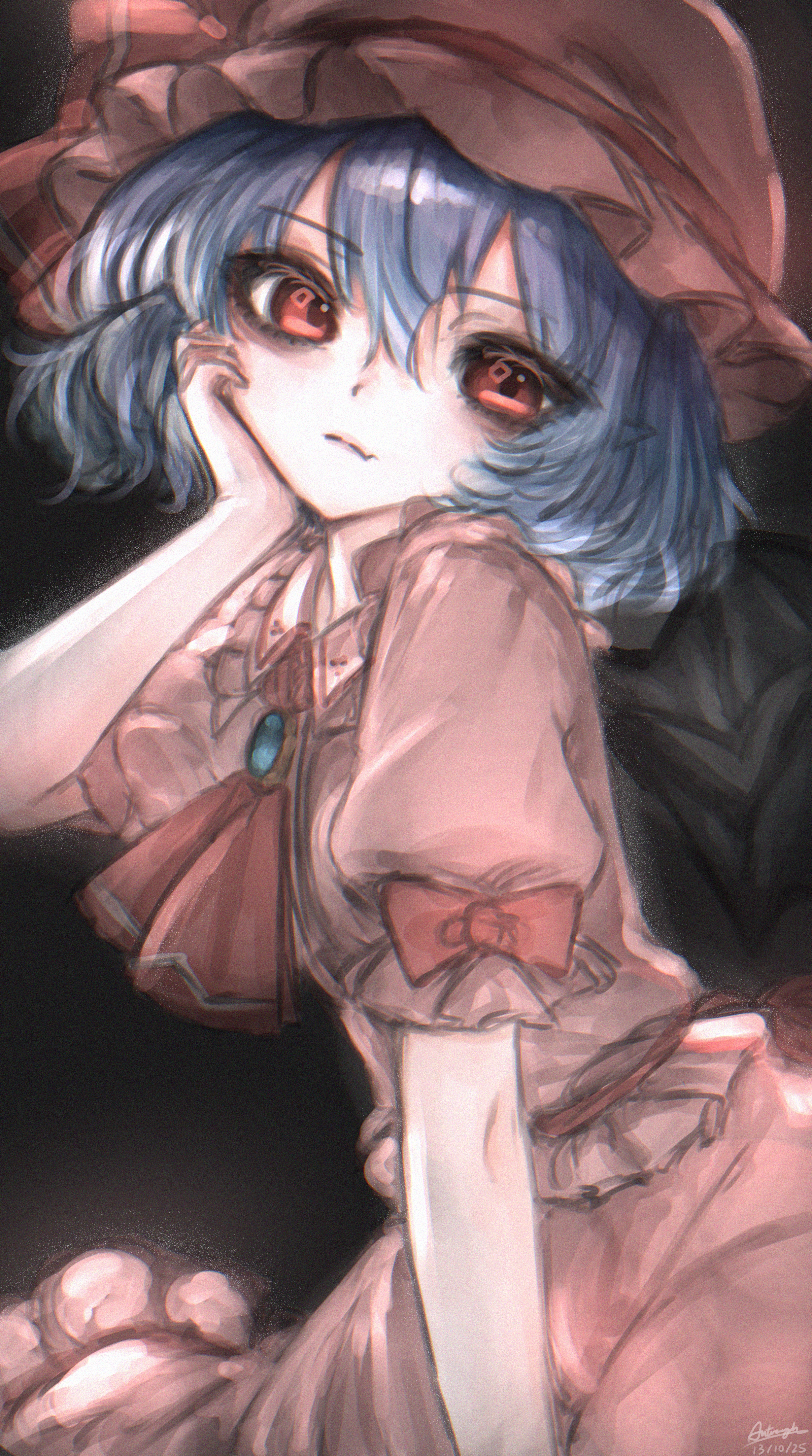 autreeyah, remilia scarlet, touhou, absurdres, highres, 1girl, ascot, bat wings, black background, blue gemstone, bow, brooch, closed mouth, clothes writing, frilled hat, frilled sleeves, frills, gem, hair between eyes, hand on own face, hand up, hat, hat ribbon, jewelry, looking at viewer, mob cap, pink hat, pink shirt, pink skirt, pointy ears, puffy short sleeves, puffy sleeves, purple hair, red ascot, red bow, red eyes, red ribbon, ribbon, shirt, short hair, short sleeves, simple background, skirt, solo, wings