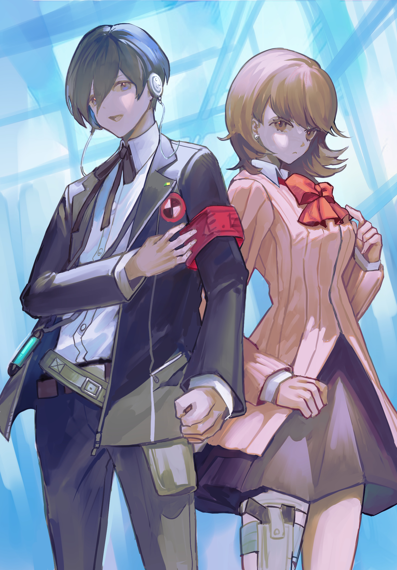 ori (momonimo), takeba yukari, yuuki makoto (persona 3), persona, persona 3, highres, 1boy, 1girl, armband, belt, black jacket, black pants, black ribbon, black skirt, blue hair, blurry, blurry background, bow, bowtie, breasts, brown eyes, brown hair, cardigan, closed mouth, collared shirt, cowboy shot, digital media player, digital walkman, earphones, earrings, evoker, gekkoukan high school uniform, holster, jacket, jewelry, long sleeves, looking at viewer, medium breasts, miniskirt, neck ribbon, open clothes, open jacket, open mouth, pants, pink cardigan, pleated skirt, red armband, red bow, red bowtie, ribbed cardigan, ribbon, s.e.e.s, school uniform, shirt, short hair, skirt, standing, stud earrings, thigh holster, walkman nw-s203f, white shirt