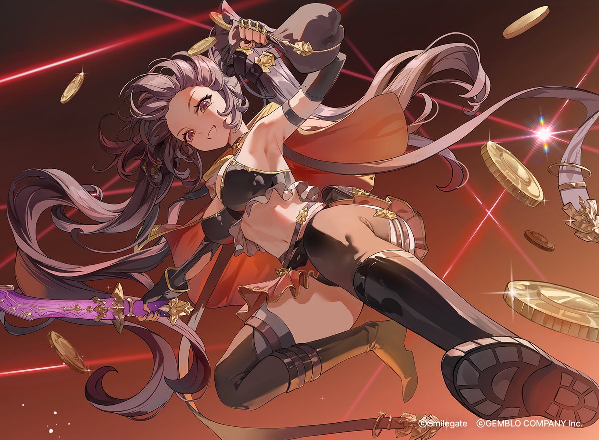 dasha, rinak (epic seven), epic seven, 1girl, armor, armpits, coin, midair, navel, purple eyes, purple hair, solo, thighhighs