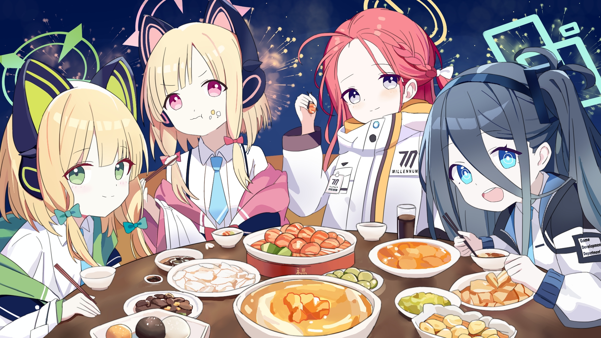 ankry, aris (blue archive), midori (blue archive), momoi (blue archive), yuzu (blue archive), blue archive, chinese commentary, commentary request, highres, 4girls, :d, :t, aerial fireworks, animal ear headphones, animal ears, aqua halo, black hair, blue eyes, blue necktie, blunt bangs, bow, braid, bright pupils, cat ear headphones, cat ears, chopsticks, closed mouth, coat, cola, collared shirt, cup, double-parted bangs, eating, eyes visible through hair, fake animal ears, fireworks, food, food on face, forehead, game development department (blue archive), green bow, green eyes, green halo, grey eyes, hair between eyes, hair bow, half up braid, halo, hand up, headphones, holding, holding chopsticks, id card, jacket, leaning forward, long hair, long hair between eyes, long sleeves, looking at viewer, medium hair, millennium science school logo, multiple girls, necktie, night, one side up, open clothes, open jacket, open mouth, orange halo, outdoors, parted bangs, pink halo, rectangular halo, red bow, red eyes, red hair, ringed eyes, school uniform, shirt, sidelocks, smile, split mouth, story in commentary, table, teeth, upper body, upper teeth only, v-shaped eyebrows, white bow, white coat, white jacket, white pupils, white shirt, wide sleeves